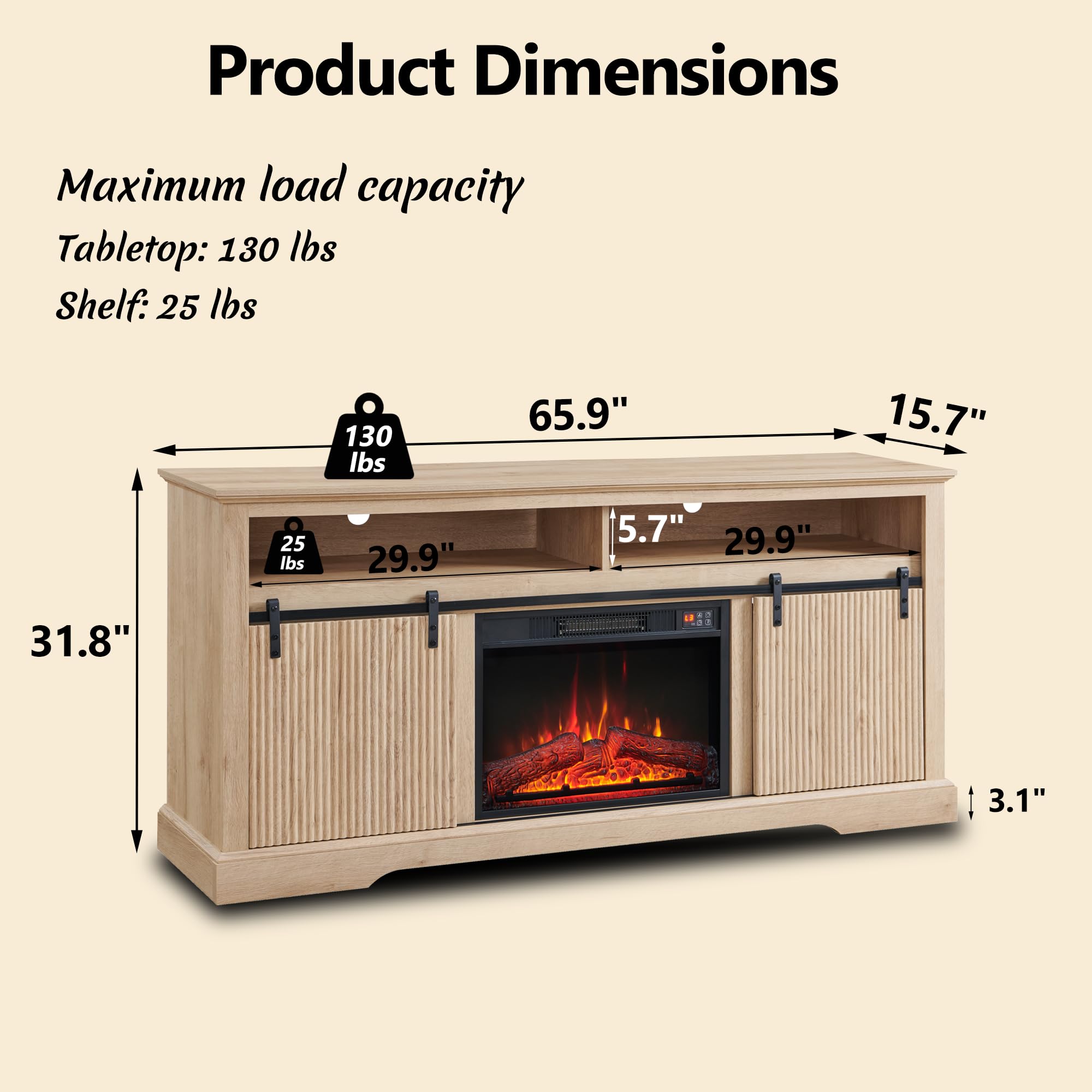 Fluted Fireplace TV Stand for 75 Inch TVs - Modern Entertainment Center with Waveform Panel Sliding Doors & Adjustable Shelves - Media Console for Living Room, Bedroom, Home Theater (Natural Wood Finish)