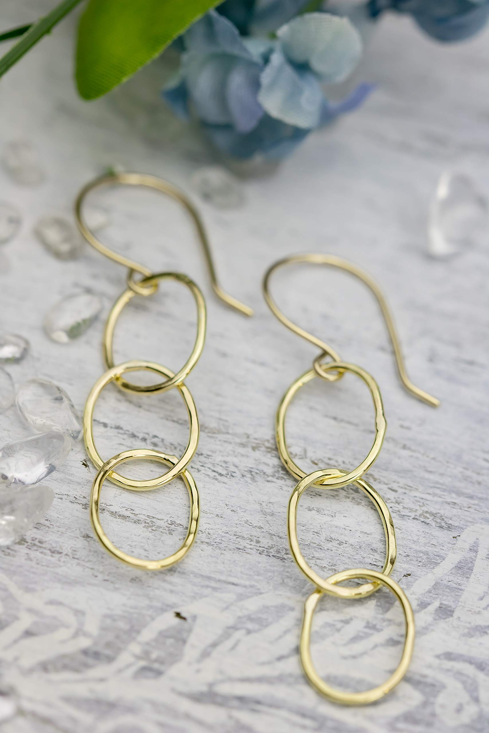 18K Solid Yellow Gold Hammered Triple Hoop Dangle Drop Earrings for Women - Perfect for Weddings, Parties & Everyday Elegance
