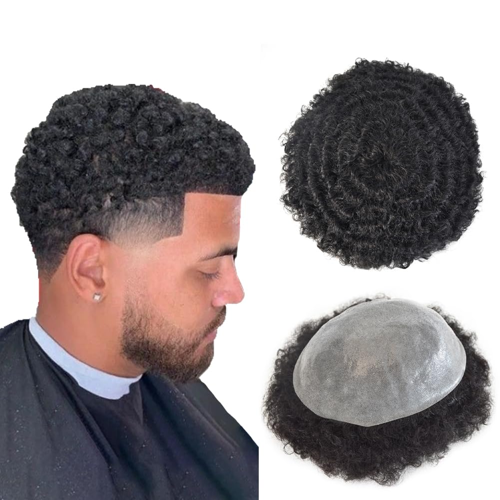 10x8 Afro Curly Men's Toupee - Full Poly African American Human Hair System for Black Men | Kinky Curly Wig Replacement (Afro Wavy 10mm, Jet Black) | Perfect for Daily Wear, Cosplay & Hair Loss Solutions