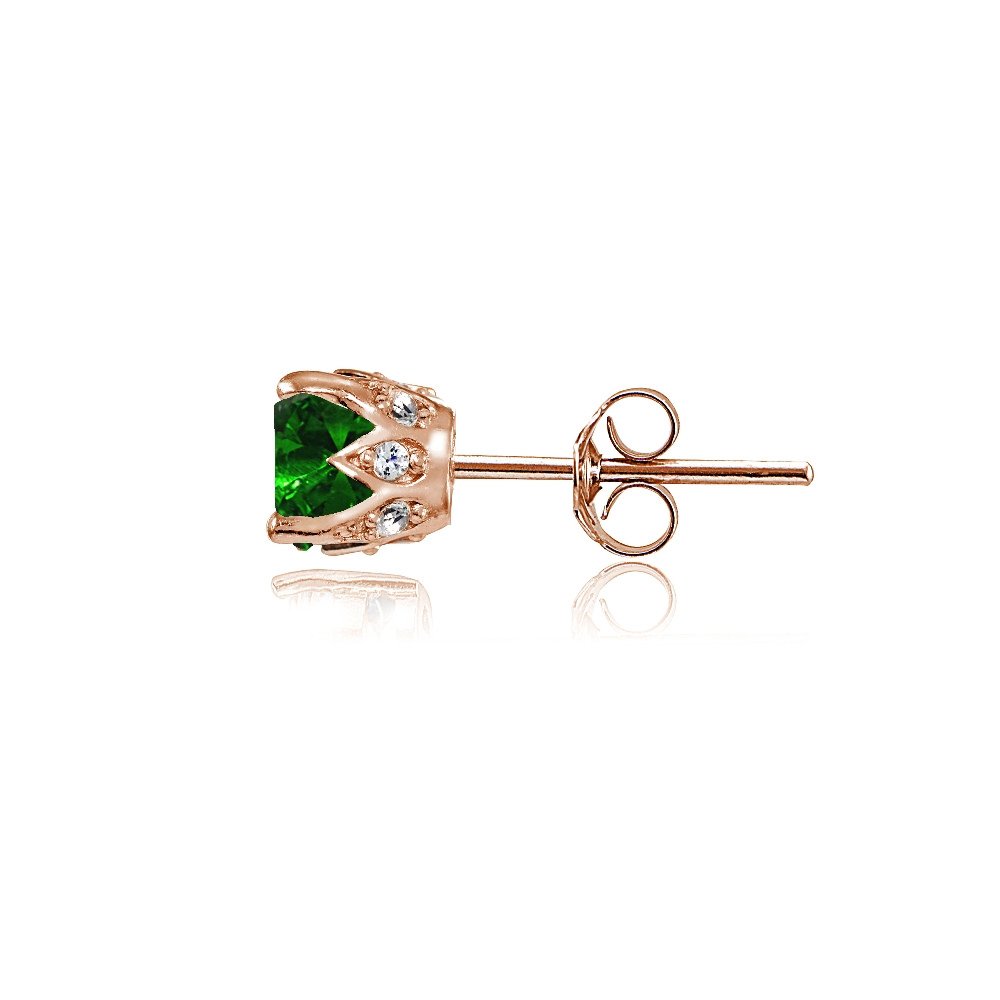 Rose Gold Plated Sterling Silver Stud Earrings with Genuine, Created & Simulated Gemstones & Cubic Zirconia Crown Accents - Perfect for Weddings, Parties & Special Occasions
