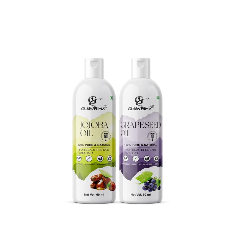 Glowrima 100% Pure Jojoba Oil & Grapeseed Oil Combo Set (60ML Each) - Natural Hair Growth Treatment for Thicker, Stronger Hair | Reduces Hair Fall & Split Ends | Promotes Soft, Shiny Hair | Perfect for Daily Hair Care & Scalp Massage (Pack of 2)