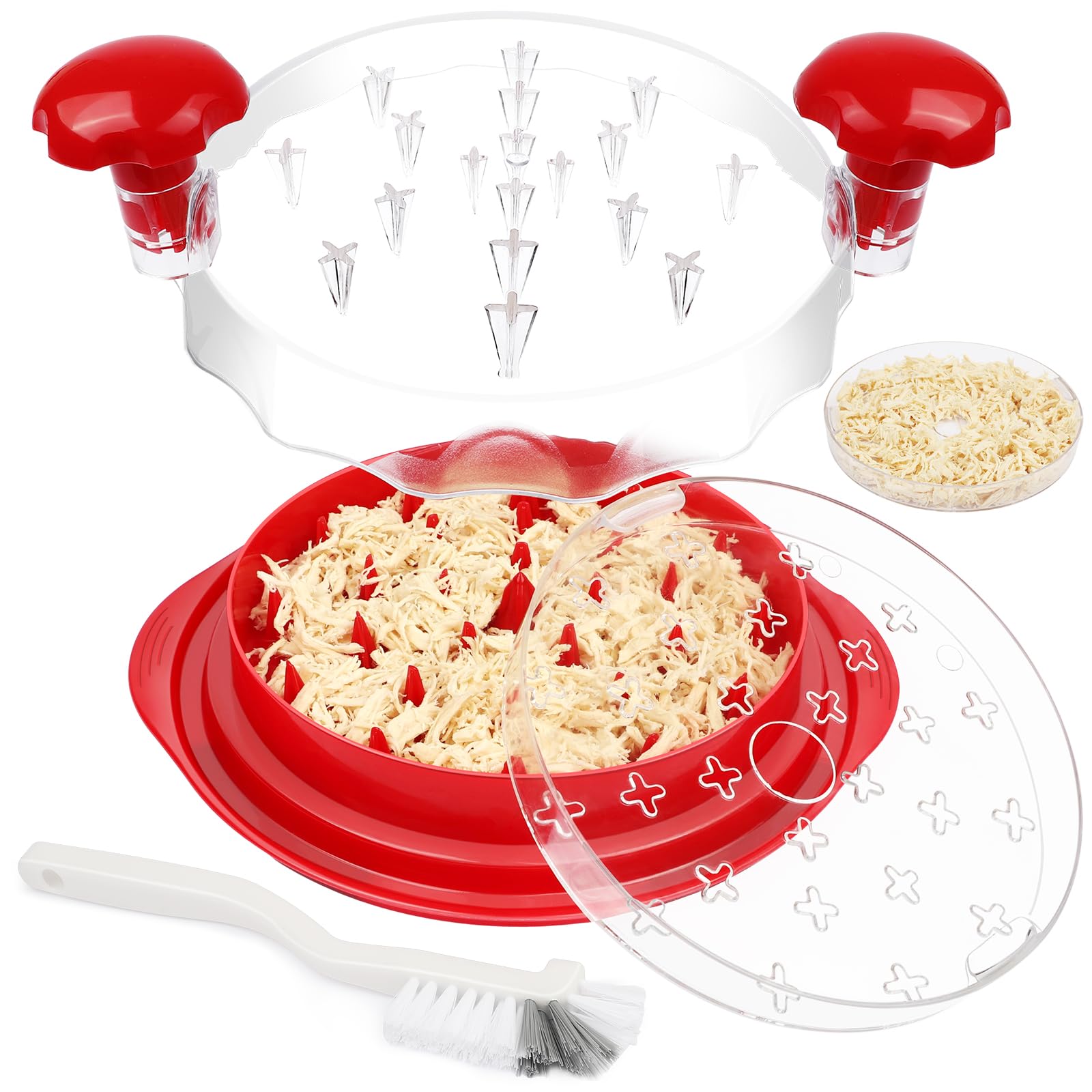 Manual Chicken Shredder Tool - Anti-Slip Meat Grinder with Transparent Lid & Tray Spacer | Ergonomic Handle, Dishwasher Safe, BPA-Free (Red) | Perfect for Pulled Chicken, Tacos, Sandwiches & Meal Prep