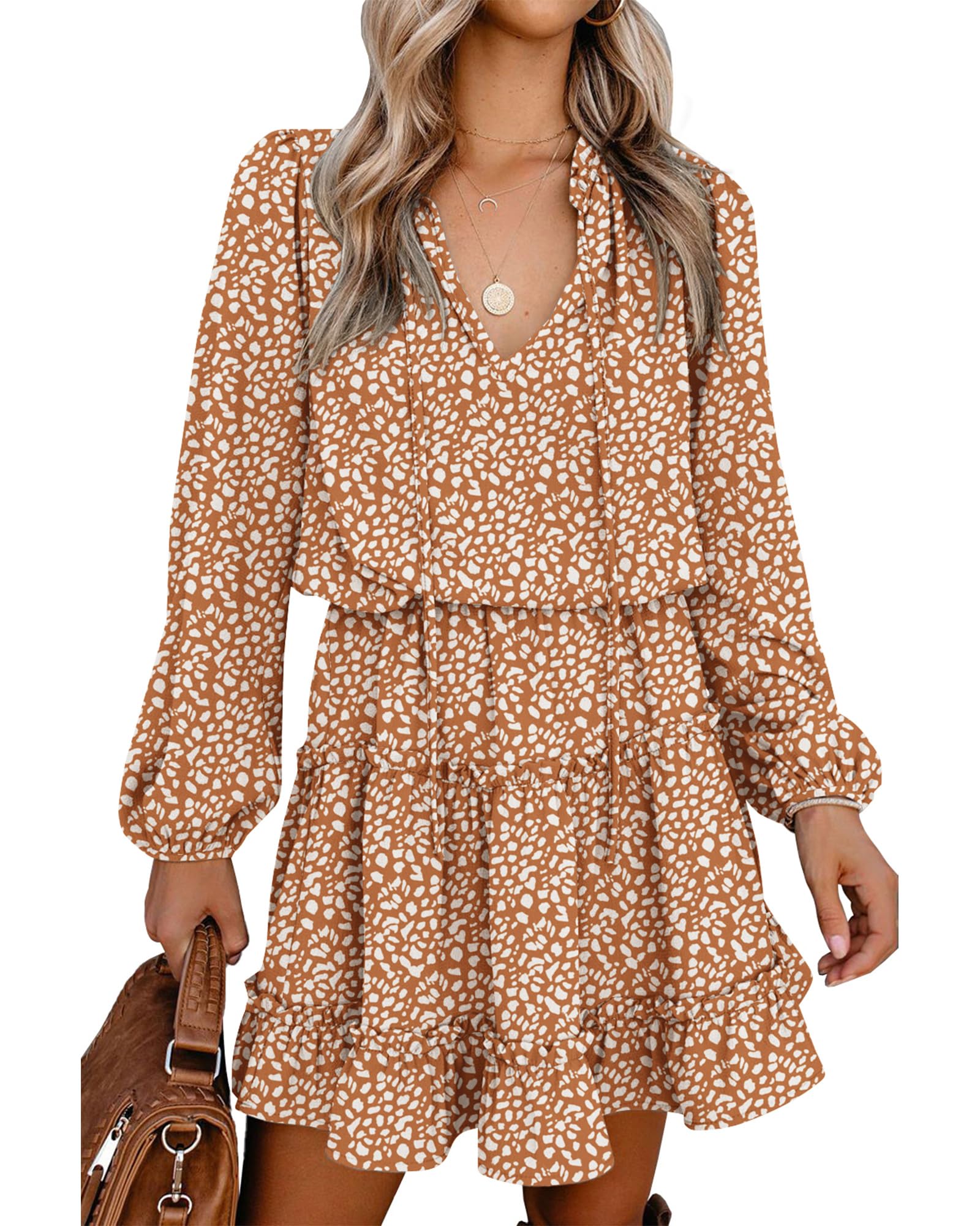 BTFBM Women's Casual Summer Spring Dress 2025 - Tie Neck Long Sleeve High Waist Tiered Ruffle A-Line Swing Tunic Mini Dress for Outdoor Parties, Date Night & Vacation Wear