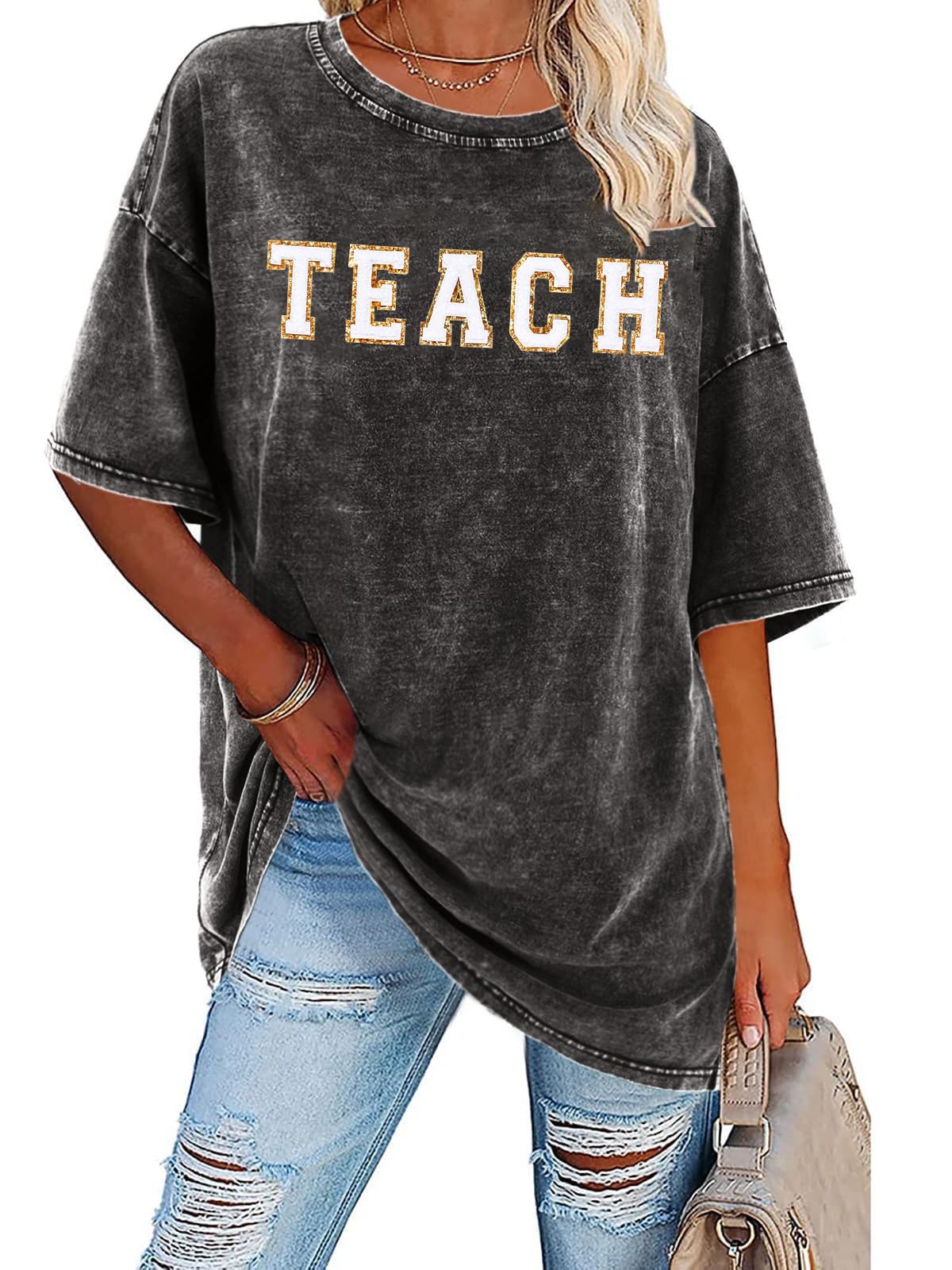 Women's Oversized Teacher T-Shirts - Letter Printed Short Sleeve Tee for Teacher Appreciation Gifts | Comfortable Casual Wear for Classroom, School Events & Teacher Week