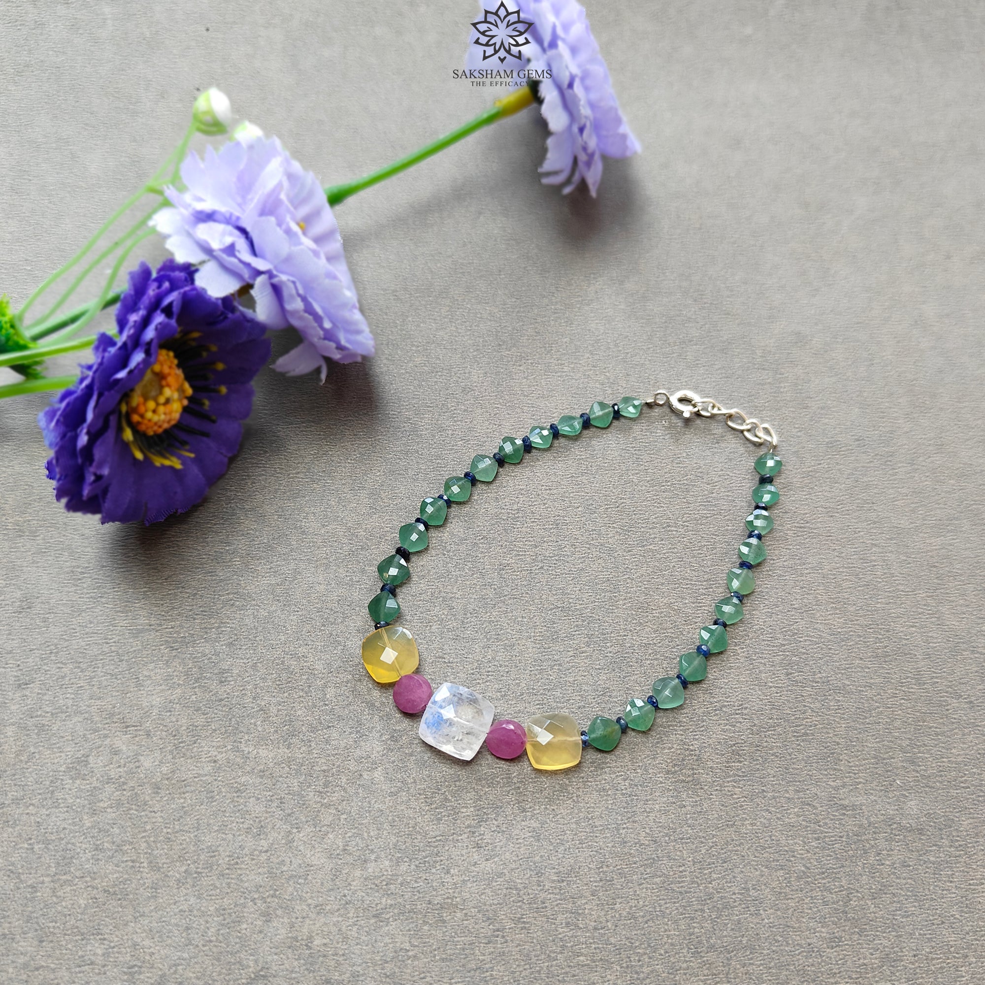 Green Quartz Yellow Opal Moonstone Sapphire Gemstone Beaded Bracelet - 925 Sterling Silver Checker Cut 8.25