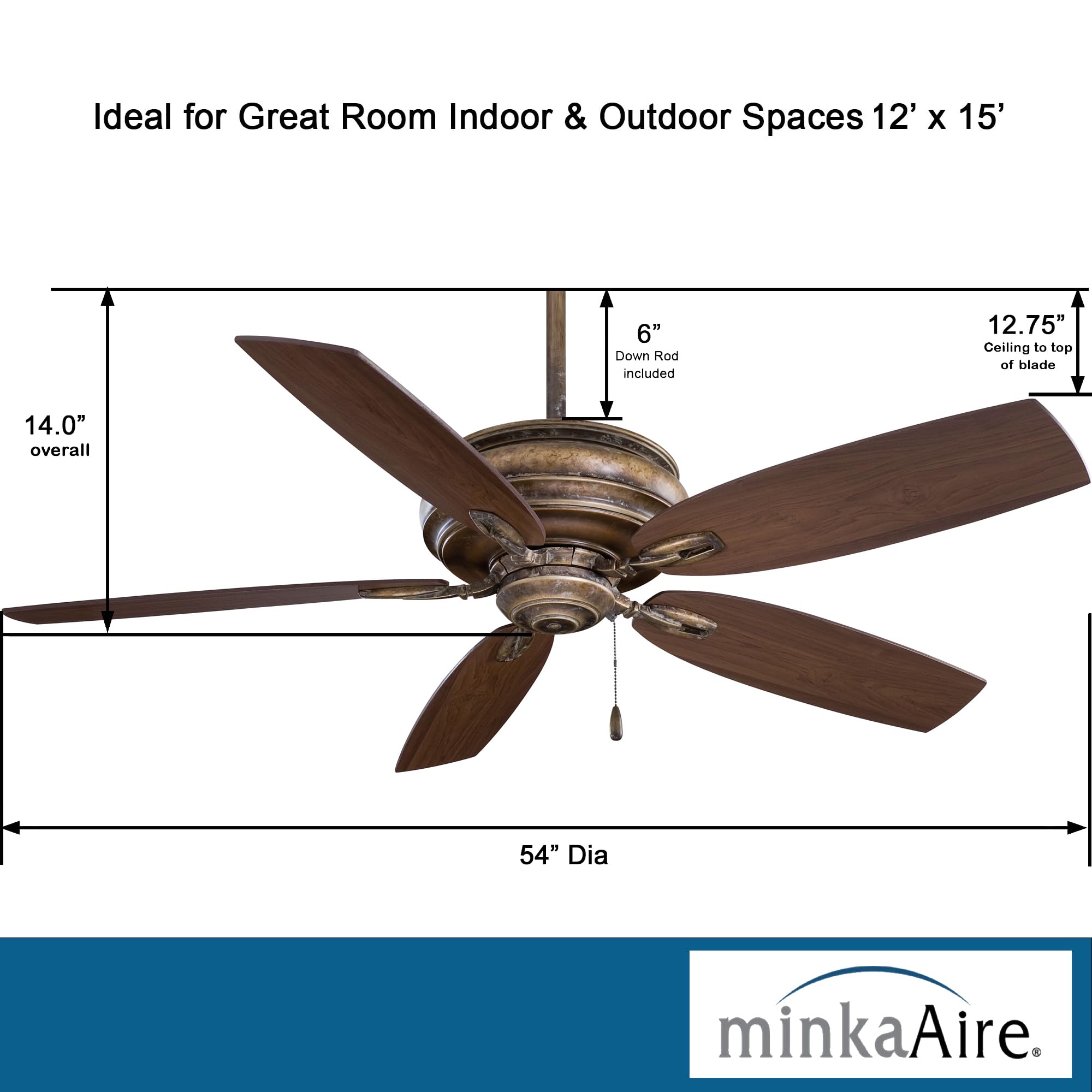 MINKA-AIRE F614-FB 54 Inch Ceiling Fan with Light - French Beige Finish, 3 Reversible Blades, Remote Control - Perfect for Living Room, Bedroom, and Outdoor Covered Patios