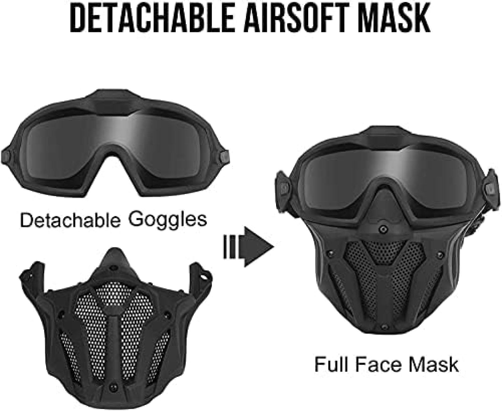 Full Face Tactical Mask with Goggles & ACH Helmet for Airsoft, Paintball, CS Games - Adjustable 30x19cm (Black) - Perfect for Outdoor Combat Sports & Military Simulation