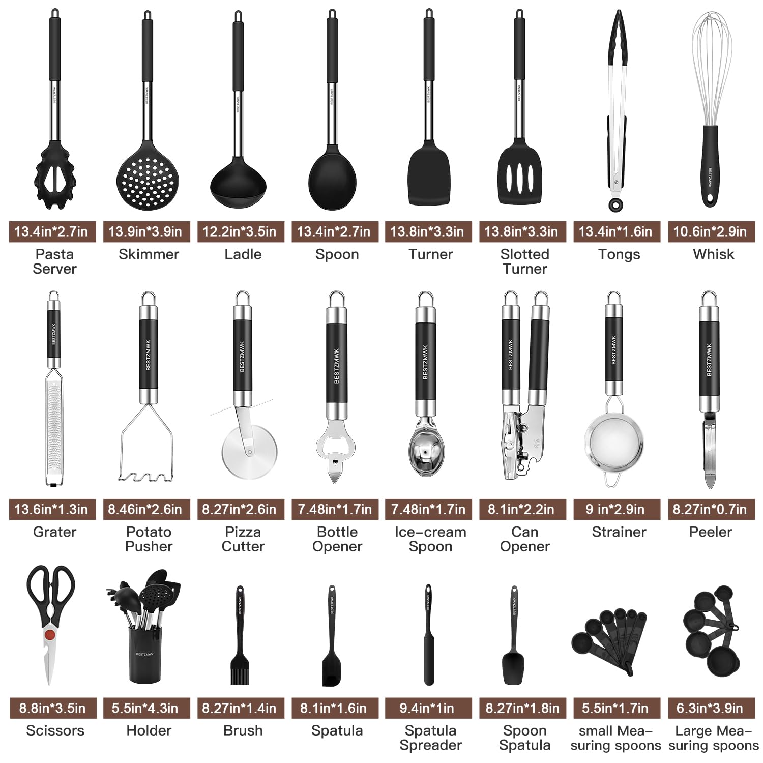 32-Piece Non-Stick Silicone Kitchen Utensil Set with Stainless Steel Handles & Holder - Spatula, Turner, Spoon & More - Perfect for Cooking, Baking & Serving - Black