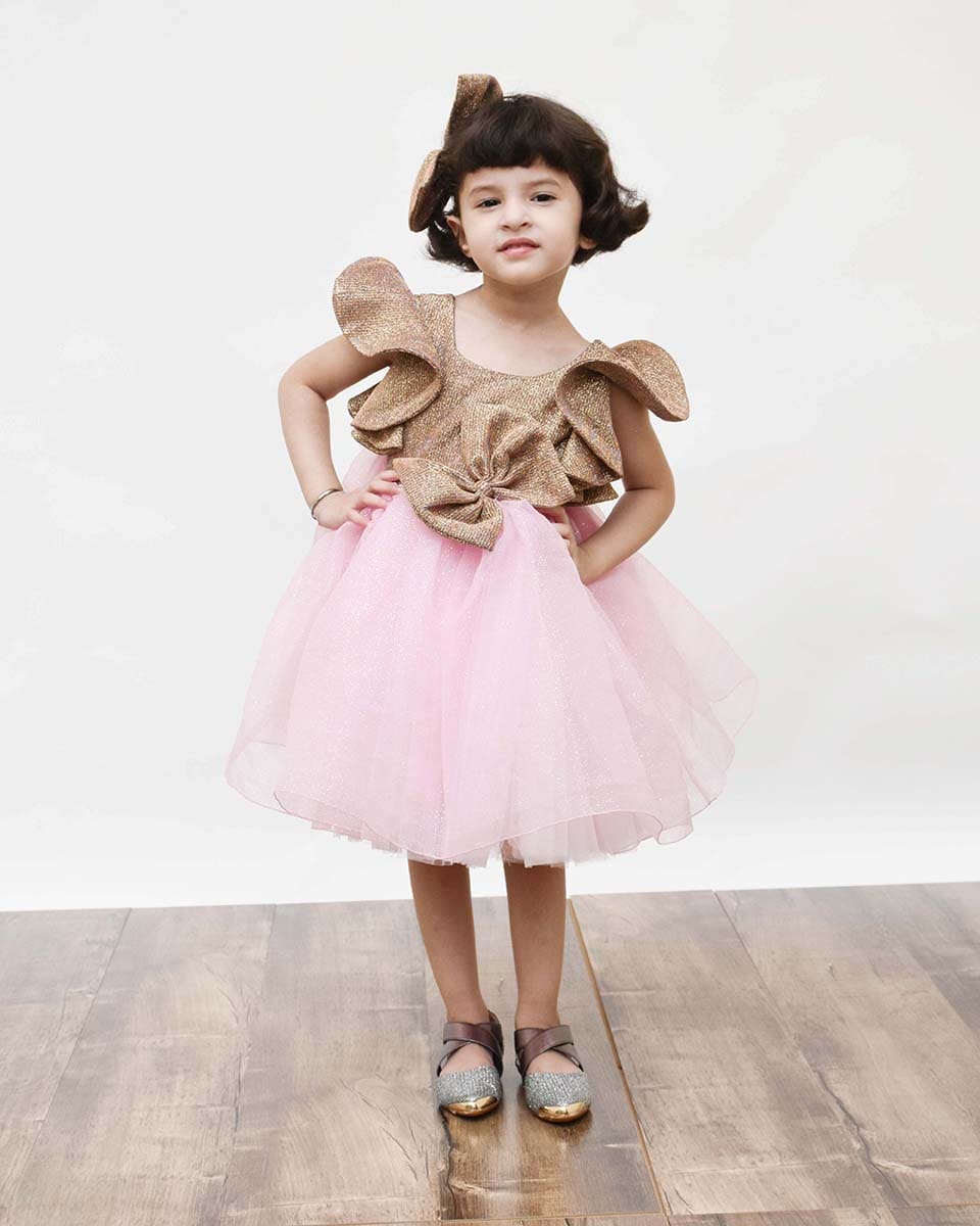 Pre Order: Golden Shimmer & Pink Glitter Net Frock Dress for Women - Perfect for Parties, Prom, and Special Occasions