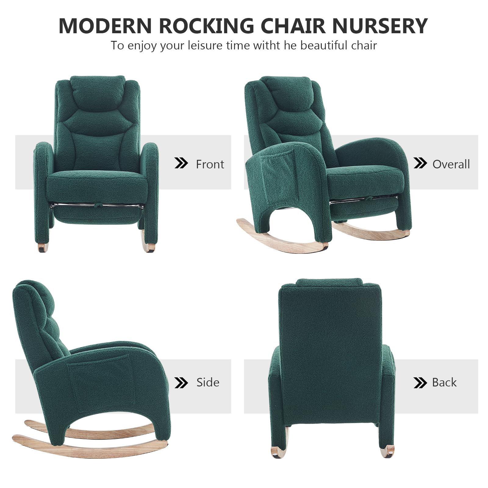 Hommoo Modern Teddy Fabric Rocking Chair with Adjustable Footrest - High Back Nursery Glider Rocker for Mom and Baby, Green Upholstered Accent Chair - Perfect for Nursery, Living Room & Bedroom Relaxation