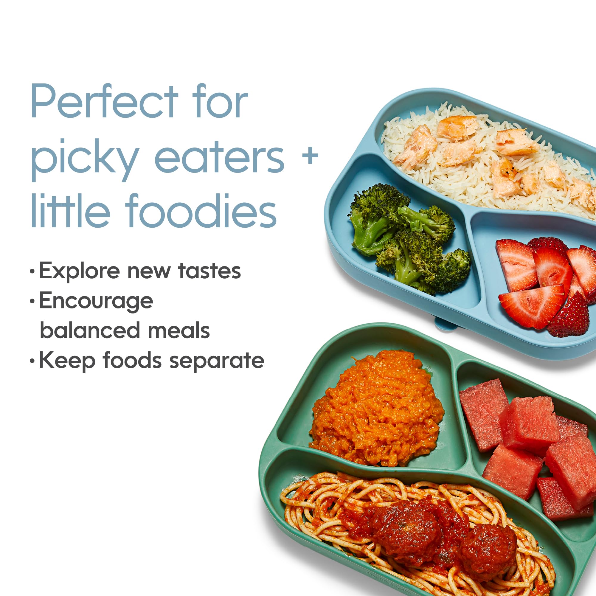 NumNum Silicone Toddler Suction Plates - 100% Food Grade Divided Baby Plates, BPA-Free & Dishwasher Safe - Non-Slip Kids Plates for High Chair & Dining Table - Perfect for Home, Daycare & Travel - 2 Pack (Blue/Green)