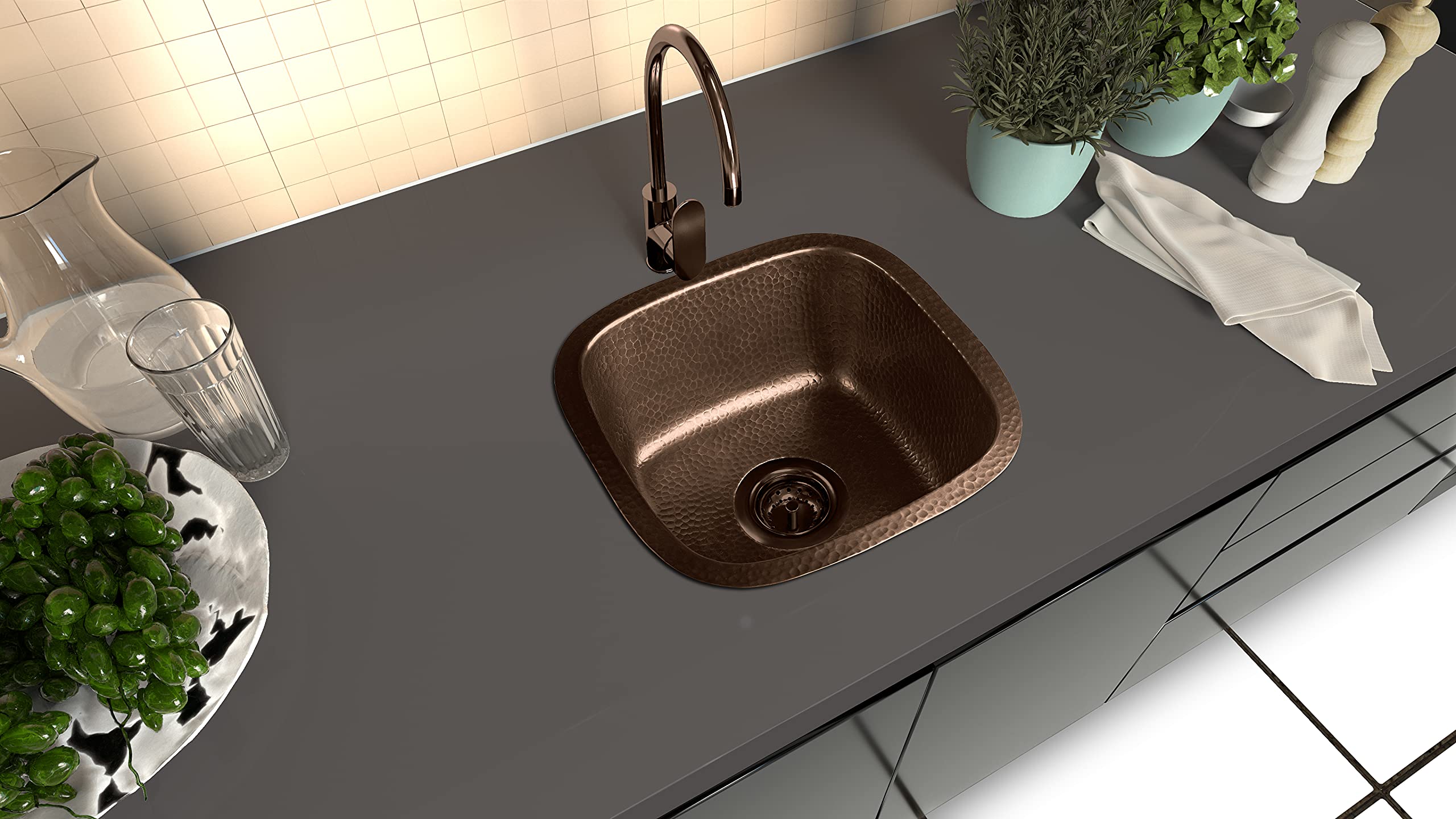 Monarch Abode 17091 Pure Copper Hand Hammered Atlas Dual Mount Bar Prep Sink (15 inches) - Premium Kitchen Sink for Bar, Restaurant & Home Use