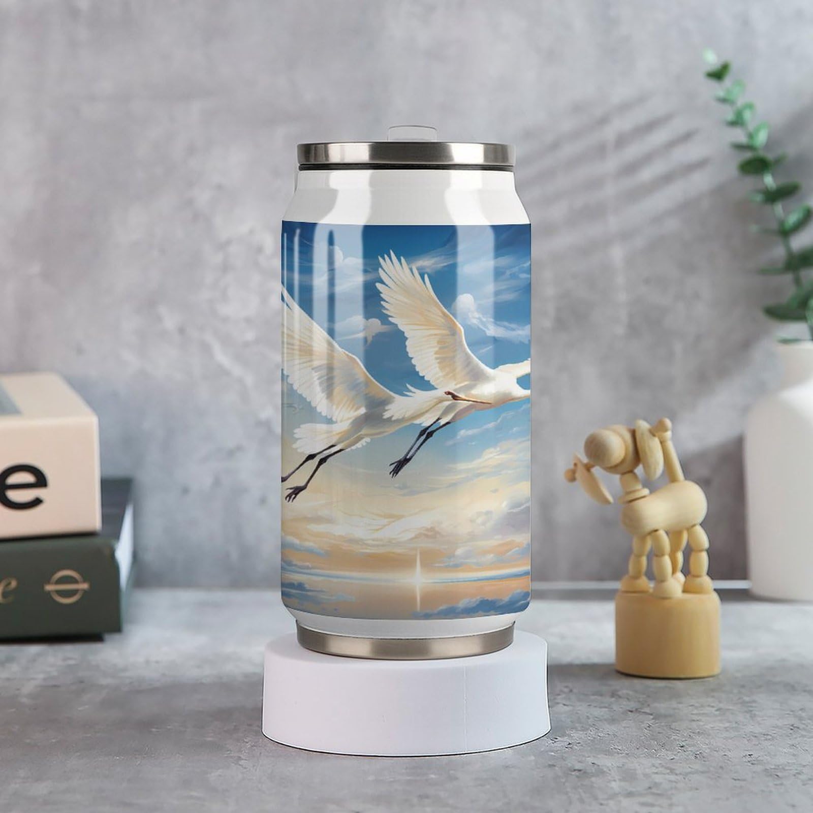 Stainless Steel Insulated Tumbler with Flip Lid - Cranes Birds Flying Sky Travel Design - Hot/Cold Coffee Mug for Home, Office & Outdoor Use - Perfect for Camping, Commuting and Gifts