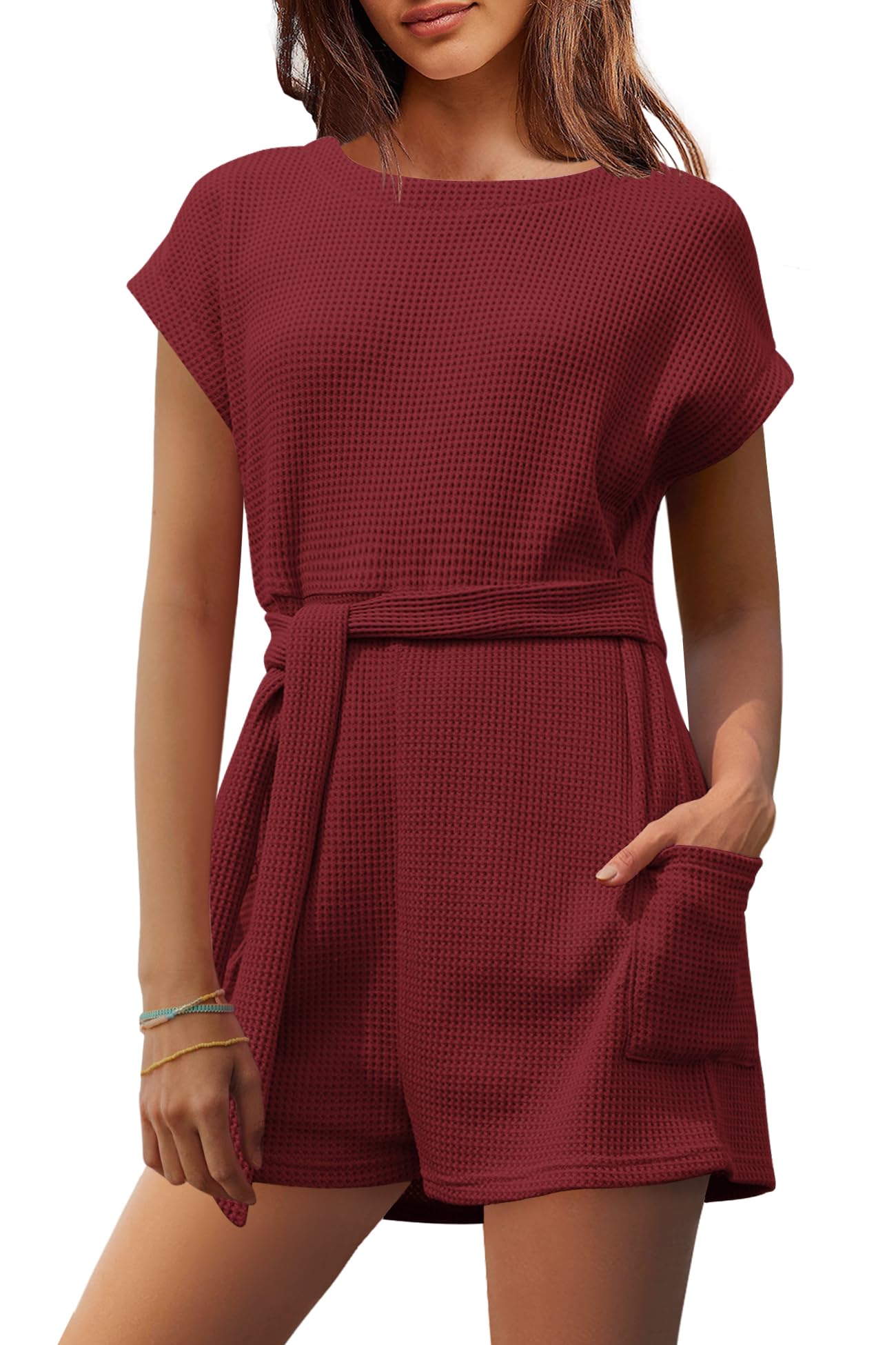 Panadila Women's Oversized Waffle Knit Romper - Casual Summer Loose Jumpsuit with Tie Waist & Pockets | Beach Cover-Up, Lounge Wear, Vacation Outfit