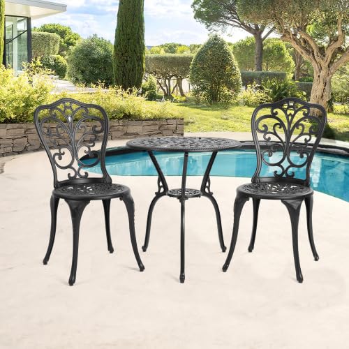 3-Piece Bistro Table Set with Umbrella Hole - Cast Aluminum Outdoor Dining Set, All-Weather Patio Furniture for Backyard, Garden, Balcony or Poolside - Antique Black Finish - Perfect for Al Fresco Dining and Outdoor Entertaining