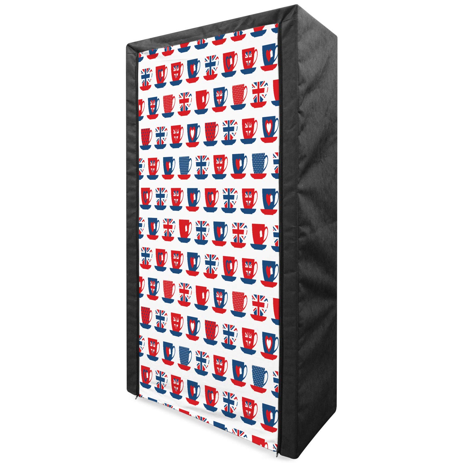 Ambesonne Tea Party Portable Fabric Wardrobe - British Themed Teacup & Union Jack Hearts Pattern Clothing Organizer with Shelves (33.5 Inch, Vermilion Night Blue) | Perfect for Bedroom Closet Storage & Kids Room Organization
