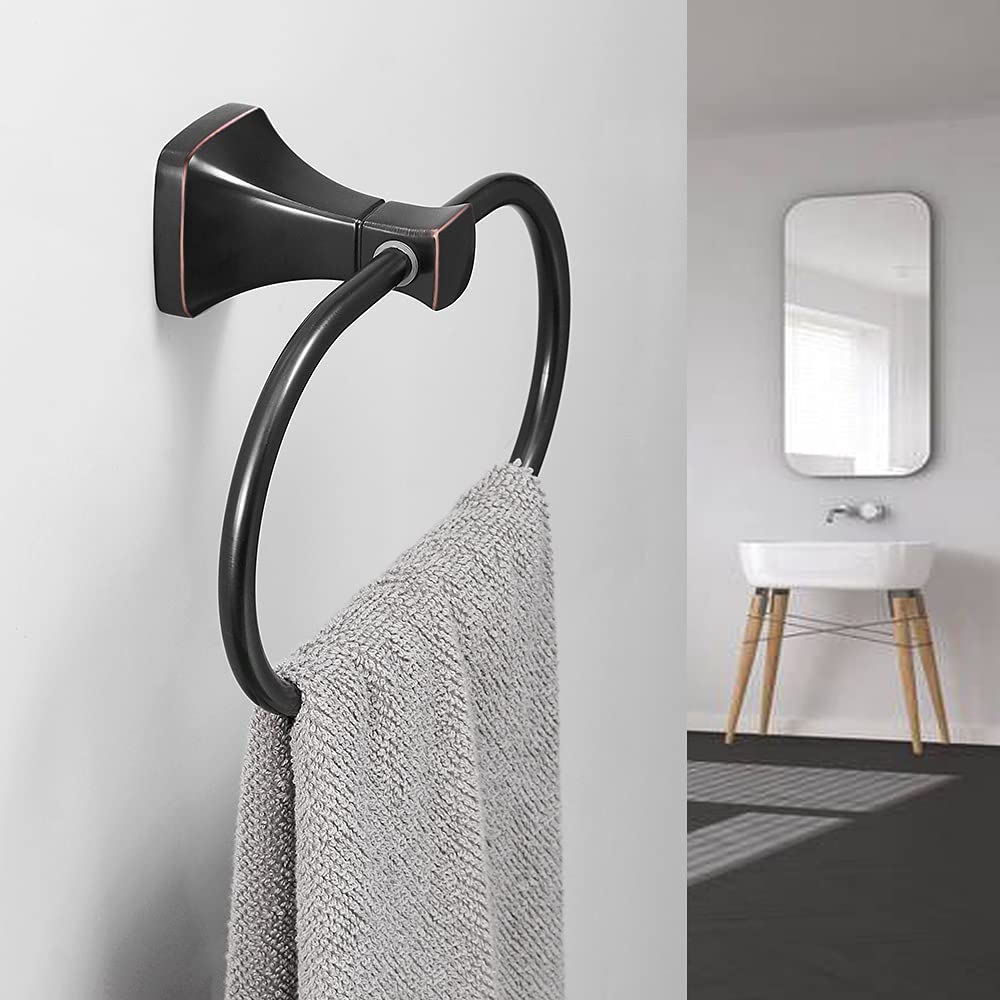 Oil Rubbed Bronze Stainless Steel Hand Towel Ring Holder - Wall Mounted Bathroom Hardware Accessory with Screws & Square Pedestal - Perfect for Powder Rooms, Guest Bathrooms & Spa-Style Decor
