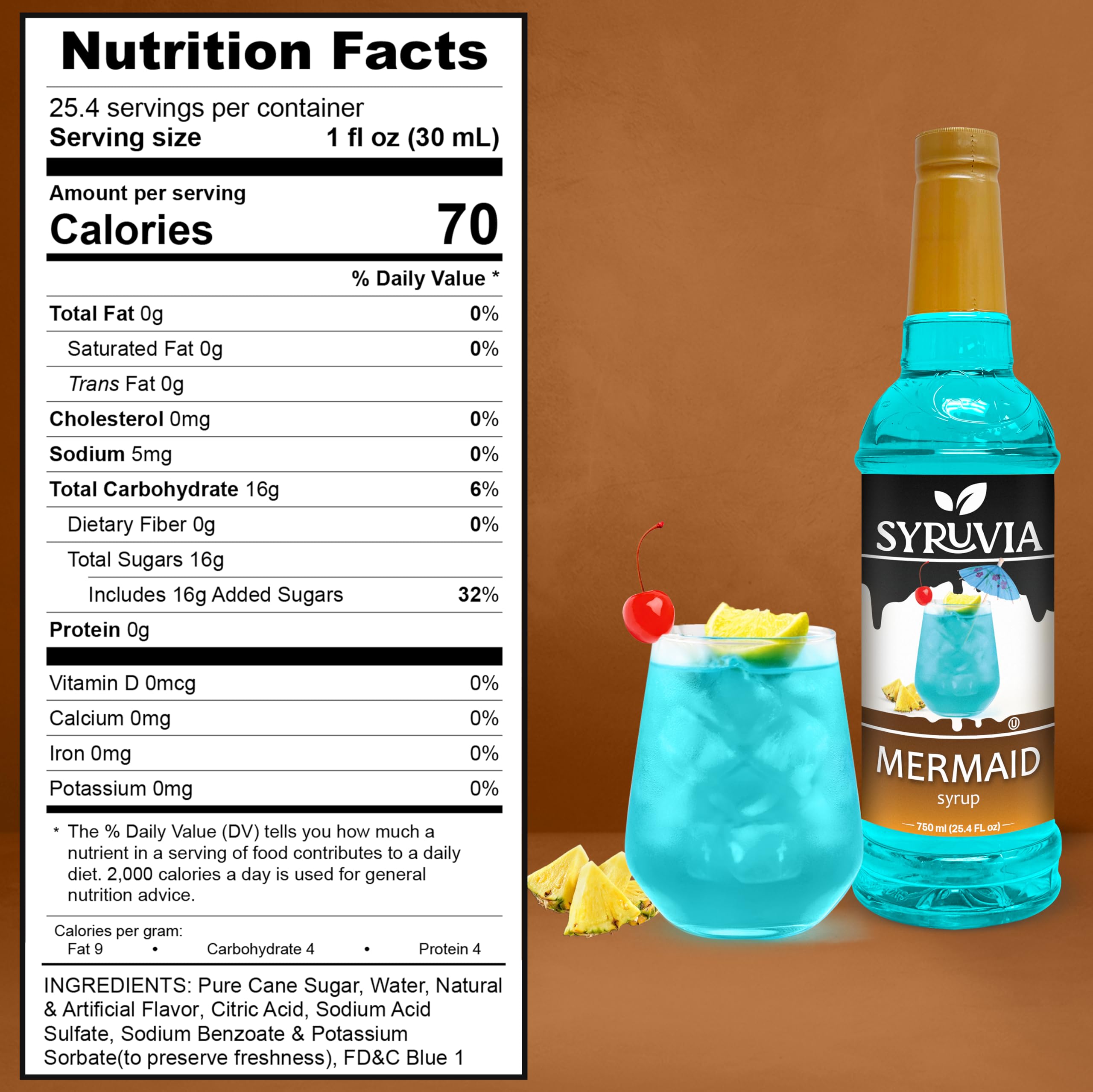 Premium Syruvia Mermaid Syrup - Kosher & Gluten Free Flavoring Syrup for Tea, Italian Sodas, Cocktails, Mocktails, Desserts & Ice Cream - 25.4 fl oz - Perfect for Coffee Shops, Bubble Tea, Home Bars & Party Drinks