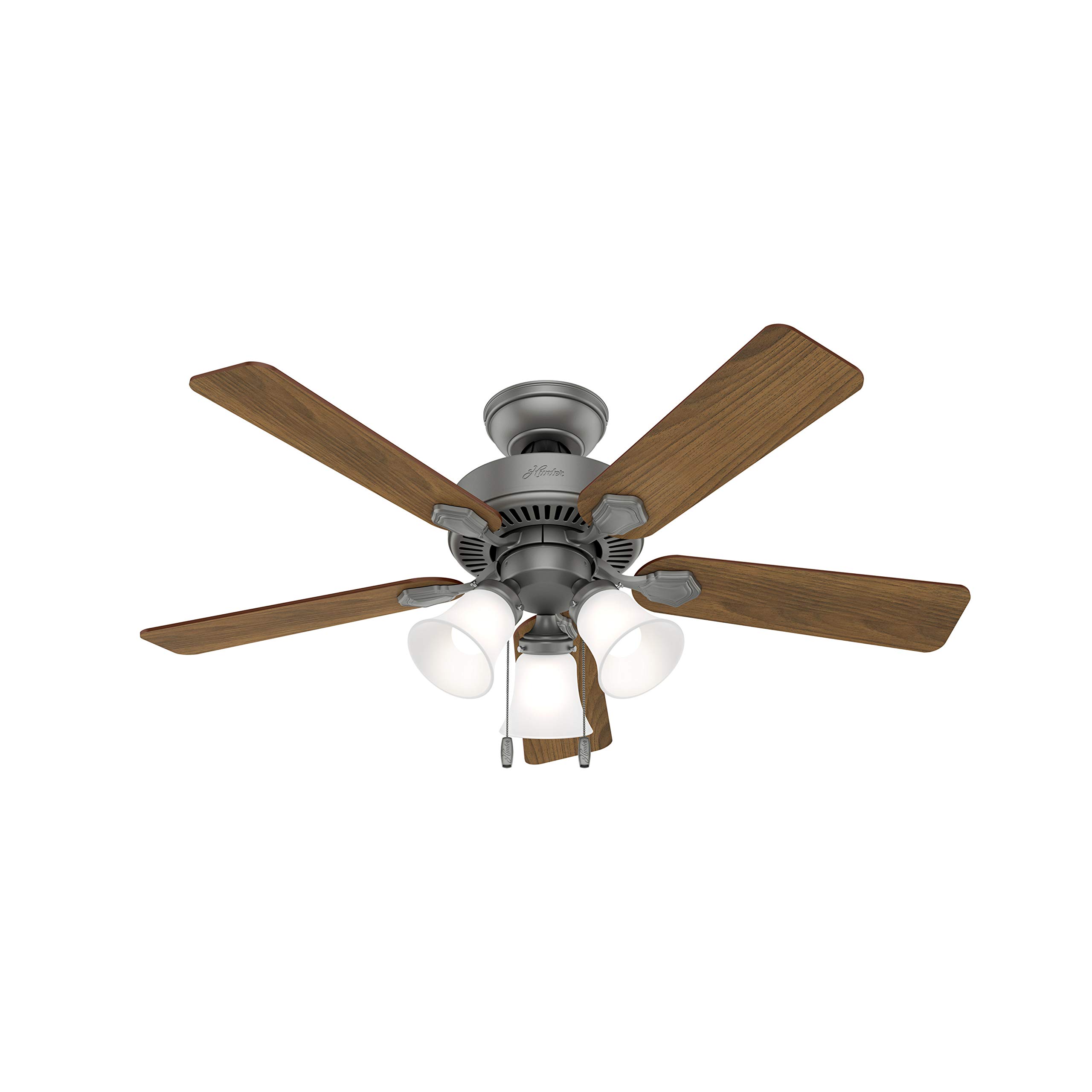 Hunter Fan 44 Inch Matte Silver Indoor Ceiling Fan with Light Kit & Pull Chain - Traditional Style for Living Room, Bedroom, Office (Renewed) | Quiet Operation & Energy Efficient Cooling Solution