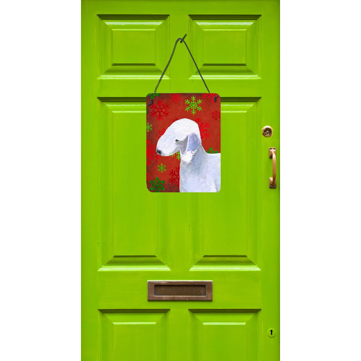 Caroline's Treasures Holiday Dog Metal Sign - Bedlington Terrier with Red & Green Snowflakes Christmas Wall Decor for Kitchen, Bathroom, Bar, Front Door | Perfect for Festive Home Decor & Gift Giving