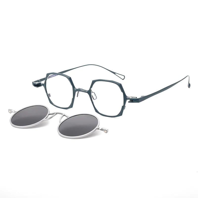 Stylish Aror Unisex Full Rim Polygon Titanium Eyeglasses with Clip-On Sunglasses - Lightweight & Durable Frame for Men & Women - Perfect for Outdoor Activities, Driving, and Fashion Accessories