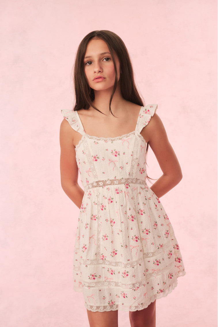 Laurier Girls' Cotton Rose & Bow Dress - Elegant Floral Print Party Dress for Kids, Birthday, Photo Shoots & Special Occasions