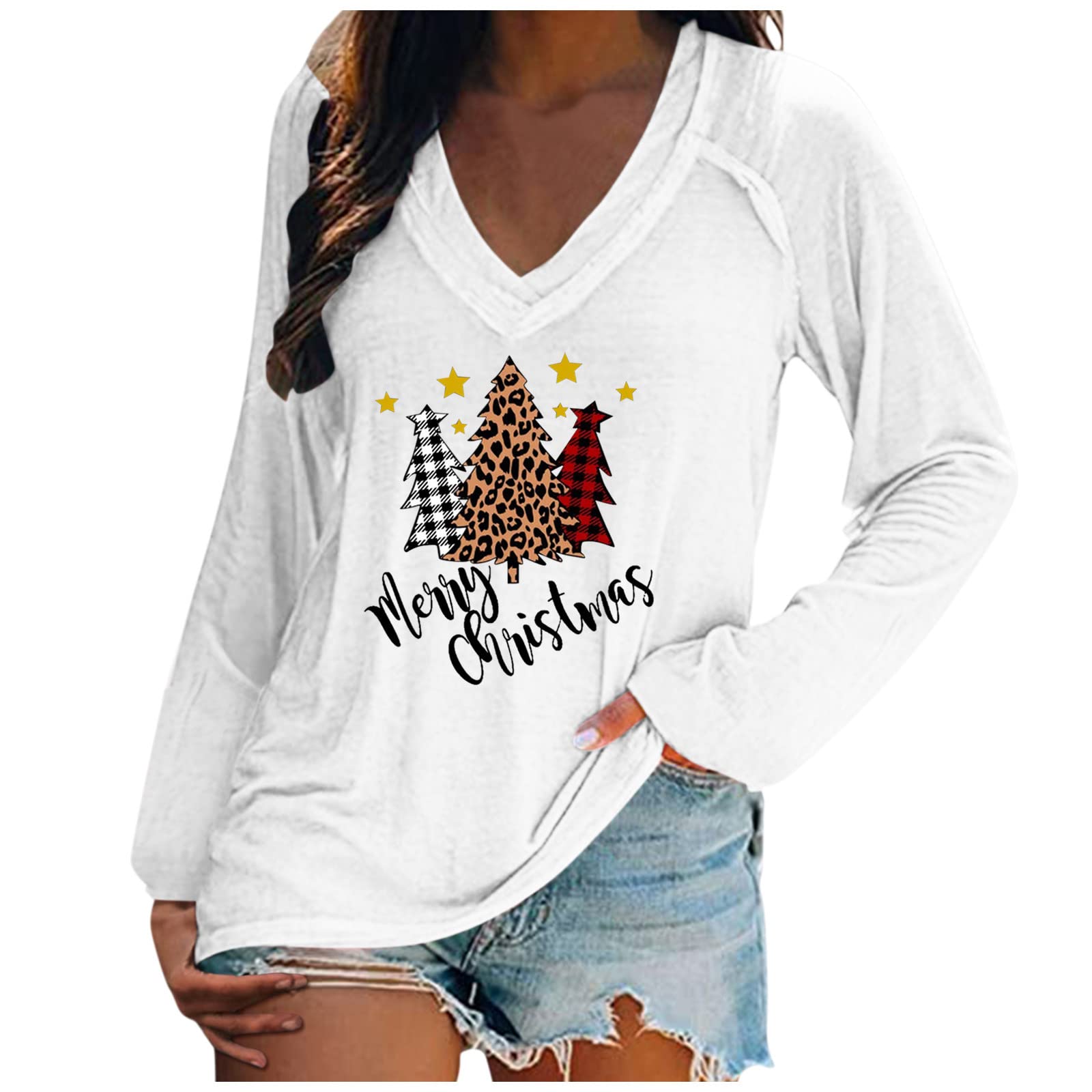 Women's Casual Summer V-Neck Printed Long Sleeve Tunic Top - Flowy Blouse for Office, Party & Christmas Outfits | Breathable Comfort Wear for Daily Use & Special Occasions