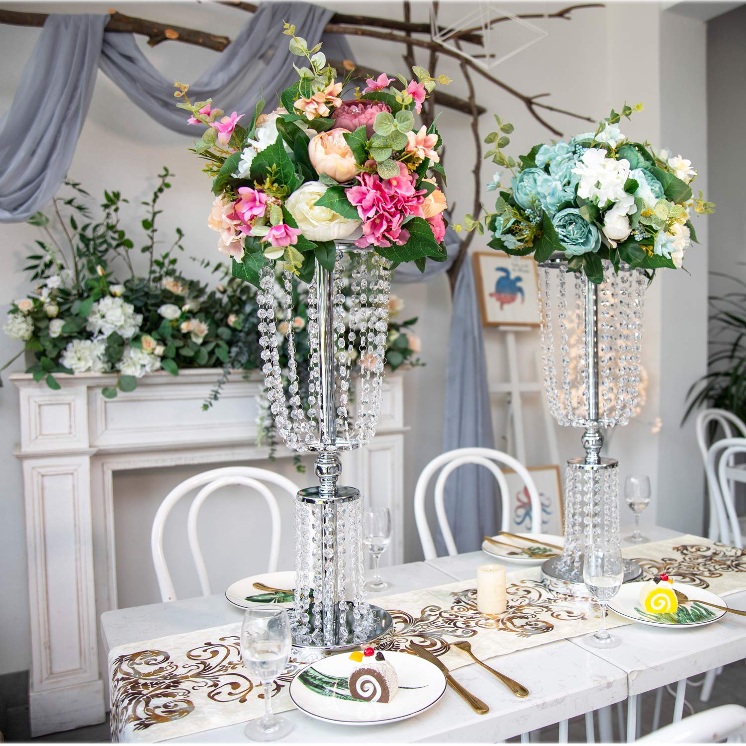 LoveCat 2-Piece Silver Wedding Centerpiece Vases Set - 24.4 Inch Tall Metal Floral Arrangement Vases with 2-Tier Acrylic Crystal Strings - Elegant Home Decor for Weddings, Parties & DIY Projects