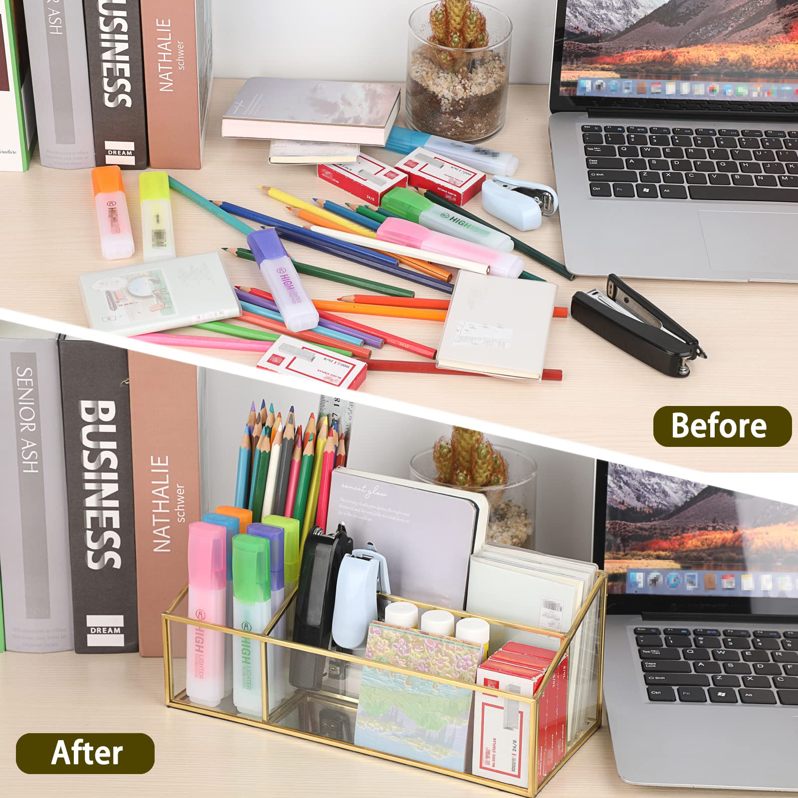 Sumnacon Glass Mail Organizer - Elegant Desktop Letter Holder & Makeup Brush Organizer - Modern Countertop Storage for Home Office, Living Room & Kitchen - Perfect for Bills, Letters & Cosmetics Organization
