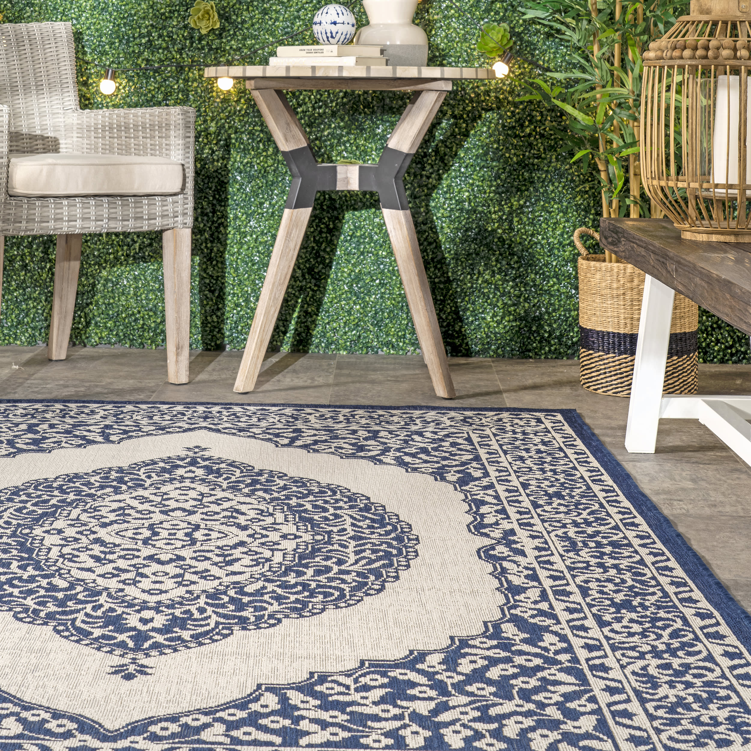 Premium Iris Medallion Indoor/Outdoor Area Rug - Navy Blue Persian Style Carpet for Living Room, Bedroom, Patio & Deck Decor | Waterproof & Durable Floor Mat for Home & Garden Use