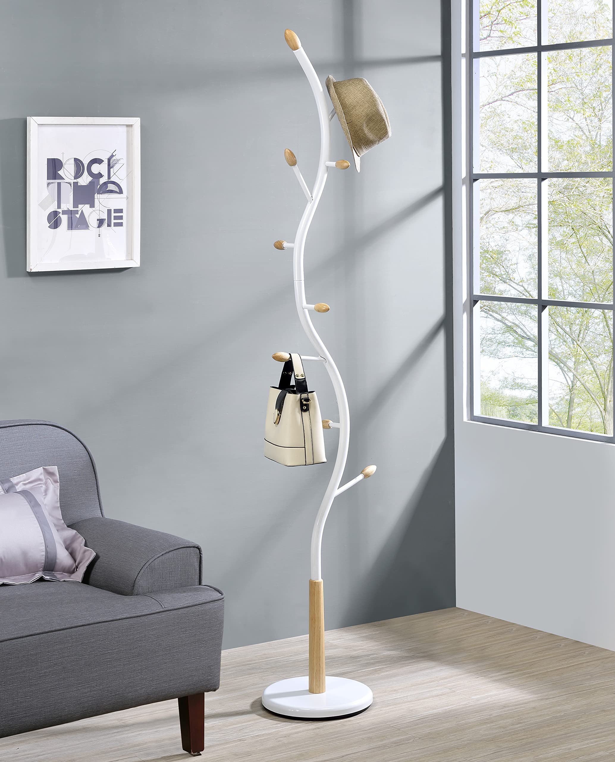 Roundhill Furniture Arles White Metal Standing Coat Rack - Freestanding Entryway Organizer for Hats, Jackets & Bags - Perfect for Hallway, Bedroom or Office Storage