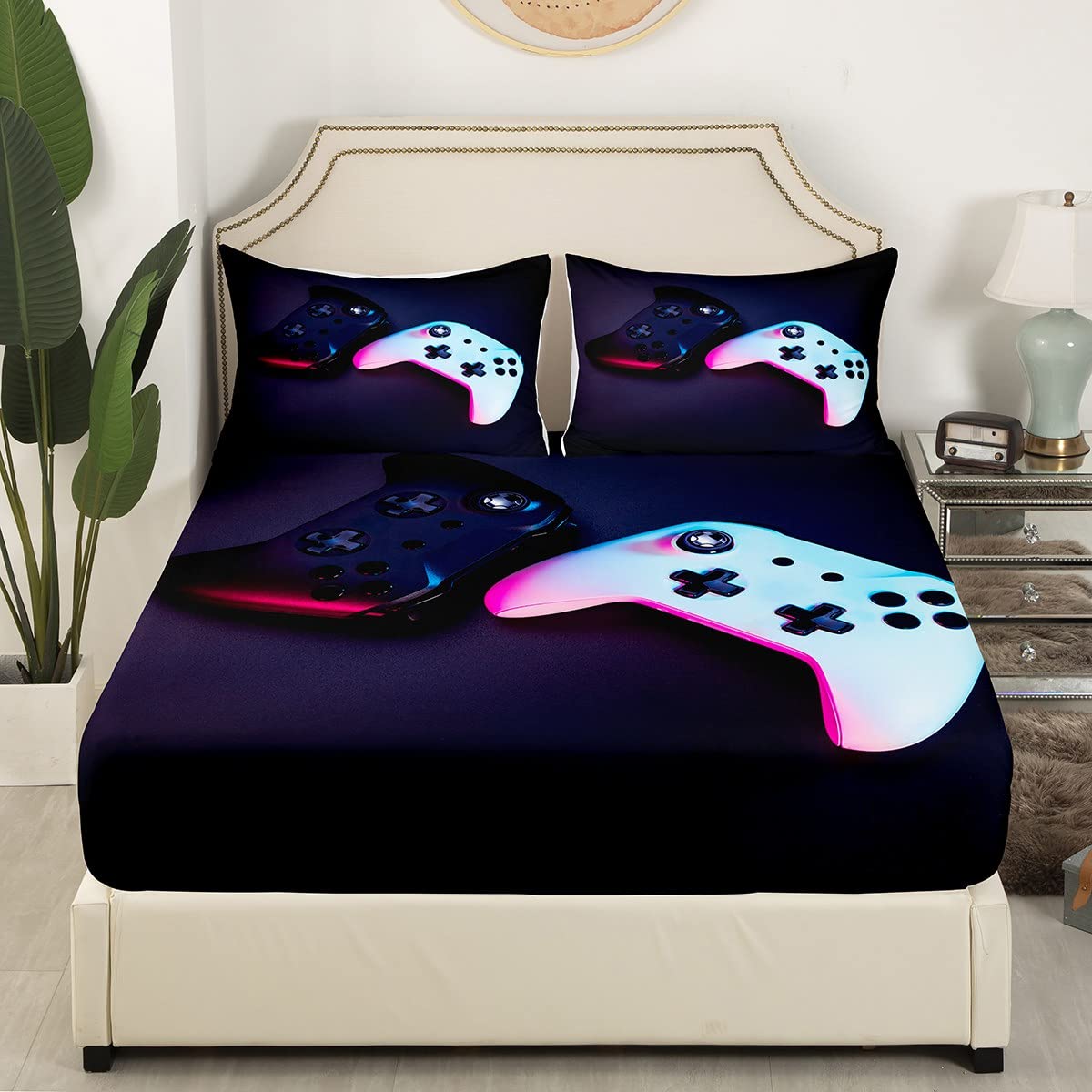 Feelyou Full Size Boys Gaming Bed Sheet Set - Black Video Game Themed Bedding with Controller Print, Includes Fitted Sheet & 2 Pillowcases for Kids & Teens - Perfect for Gaming Rooms & Teen Bedrooms