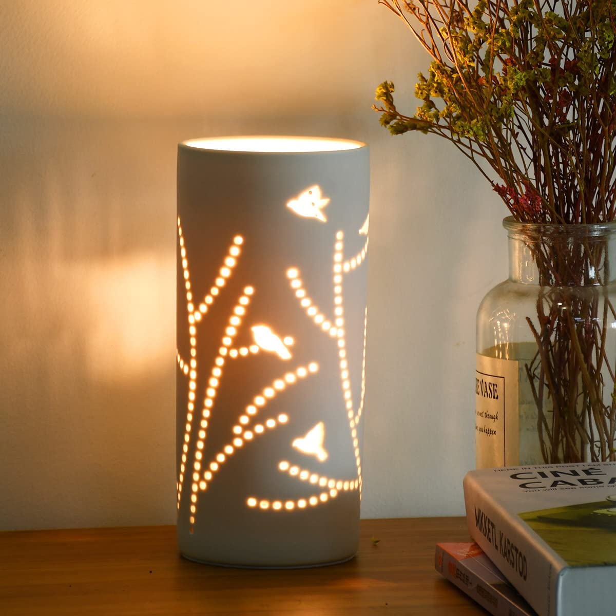 Modern White Ceramic Table Lamp - Carving Tree Design, 3.54