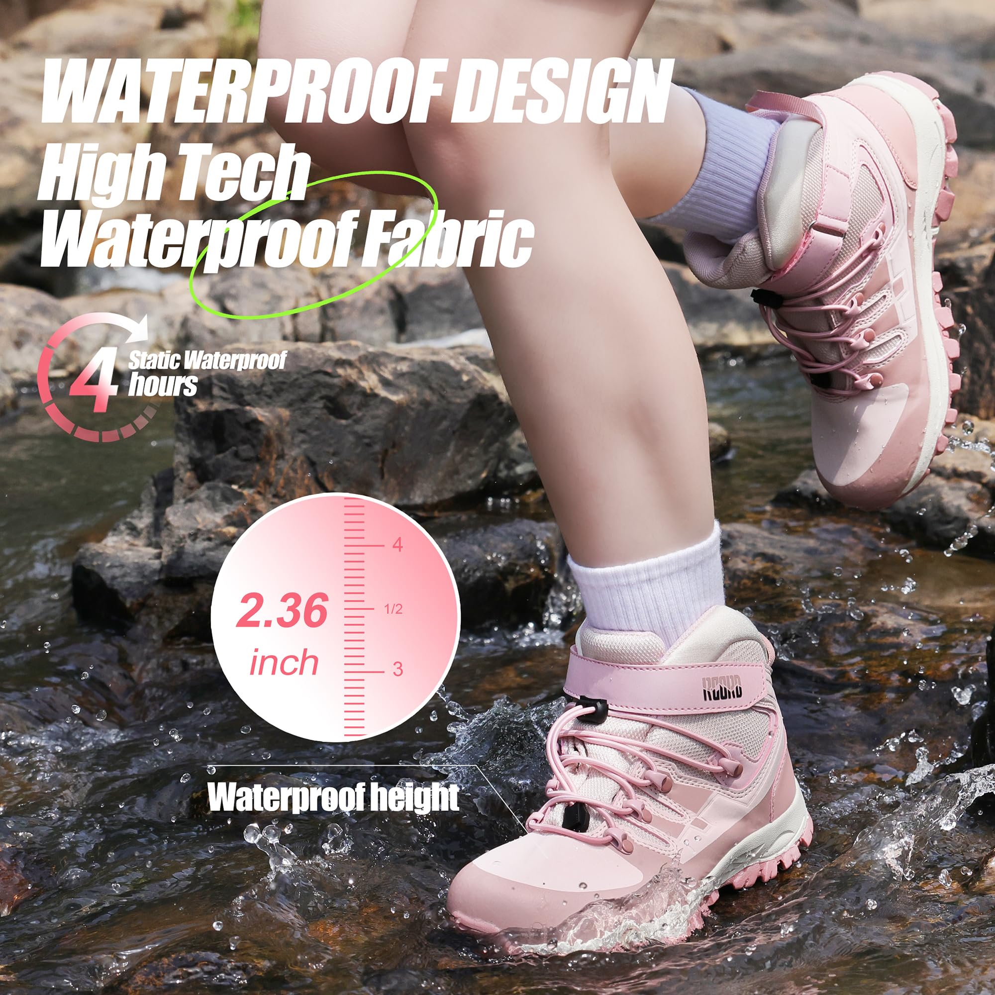 **Waterproof Kids Hiking Boots for Girls - Durable TPR Traction & Anti-Skid Soles - Drawstring Closure for Secure Fit - Perfect for Outdoor Adventures, Hiking & Trail Running**