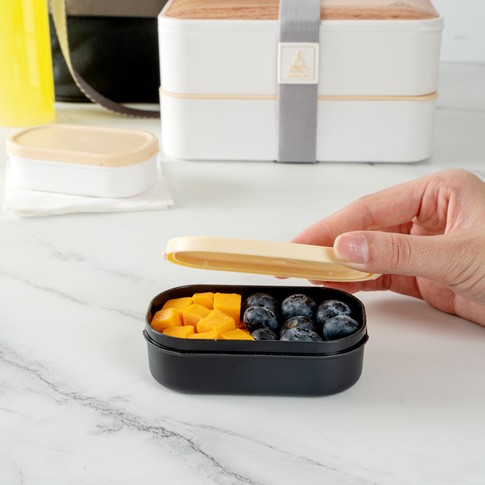 Bento Tek 3 oz Black Buddha Box Snack & Sauce Containers with Beige Lid - 4 Pack (3.75
