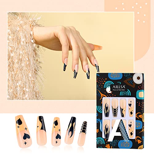 AILLSA Long Coffin Press on Nails - 24pcs Pink Cobra Design Fake Nails with Glue & Adhesive Tabs, Full Cover Stick on Nails for Women & Girls (12 Sizes) - Perfect for Parties, Weddings, and Special Occasions