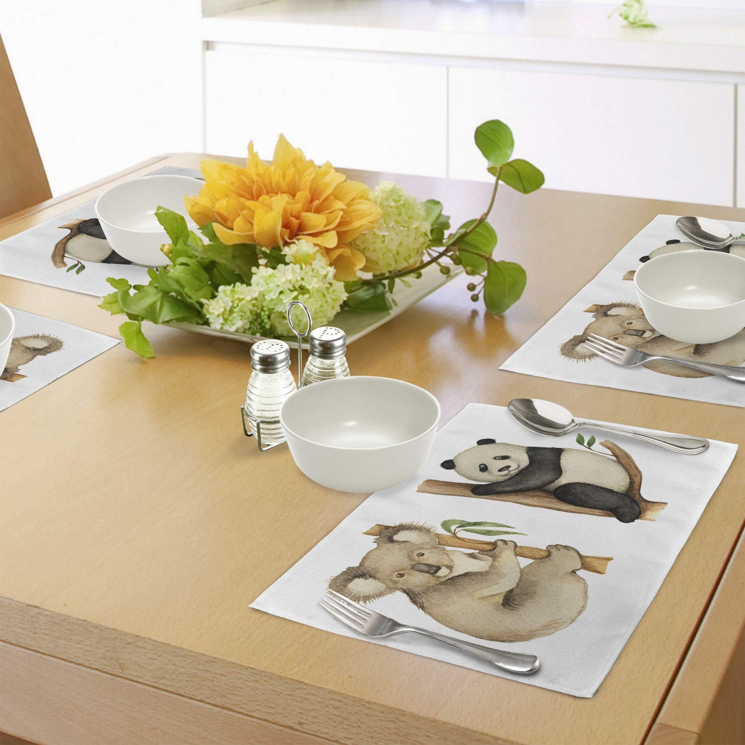 Ambesonne 4-Piece Panda Place Mats Set - Koala & Panda Sitting on Trees Wildlife Habitat Design, Washable Fabric Table Mats for Dining Room & Kitchen Decor (Beige/Black) - Perfect for Family Dinners, Parties & Nature-Themed Home Decor