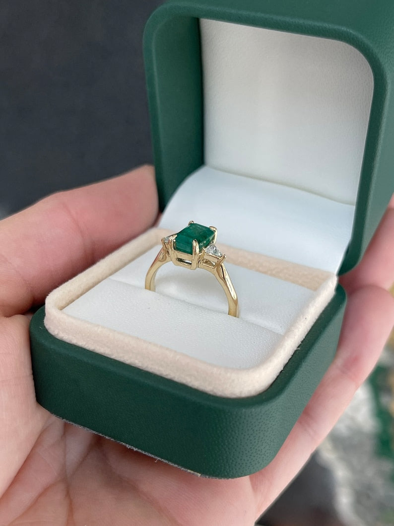 2.76tcw 14K Emerald Trillion Cut & Diamond Three Stone Prong Gold Engagement Ring for Women - Elegant Wedding, Proposal, Anniversary Jewelry Gift