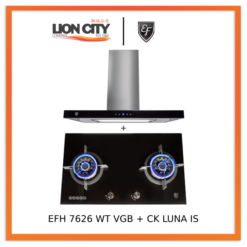 EF CK LUNA IS 90cm Stainless Steel Island Range Hood + EF EFH 7626 WT VGB 78cm 2-Burner Gas Built-in Hob - Professional Kitchen Cooking for Home & Restaurant Use