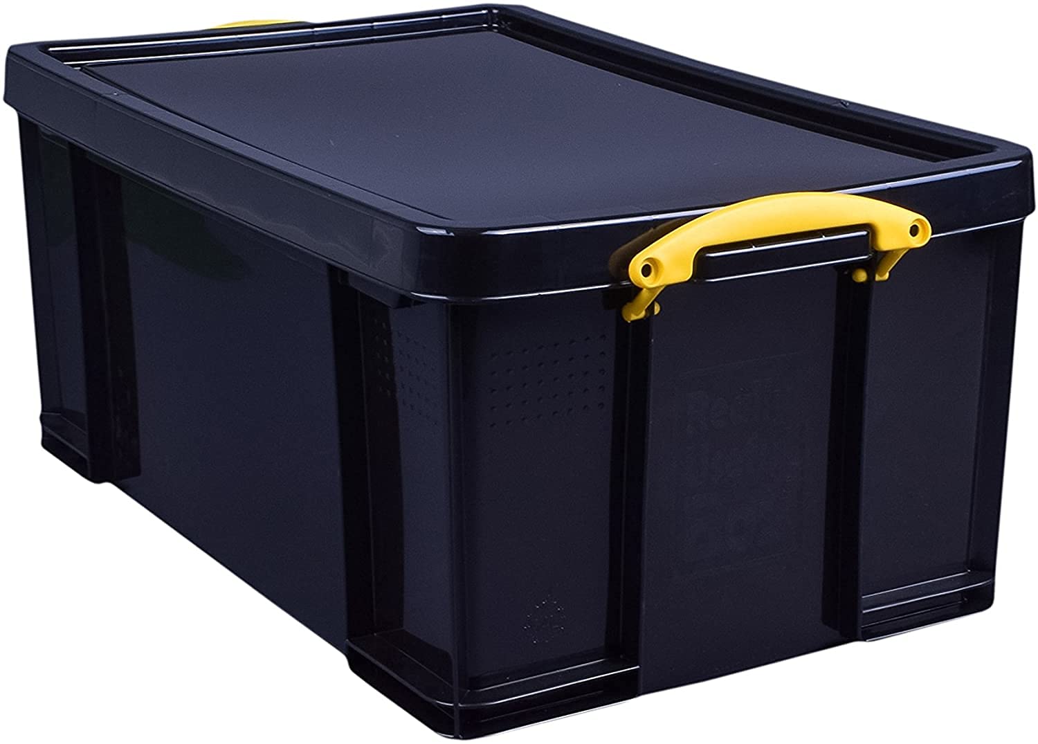 64L Really Useful Plastic Storage Box - Durable Solid Black with Yellow Handles for Home, Office & Garage Organization