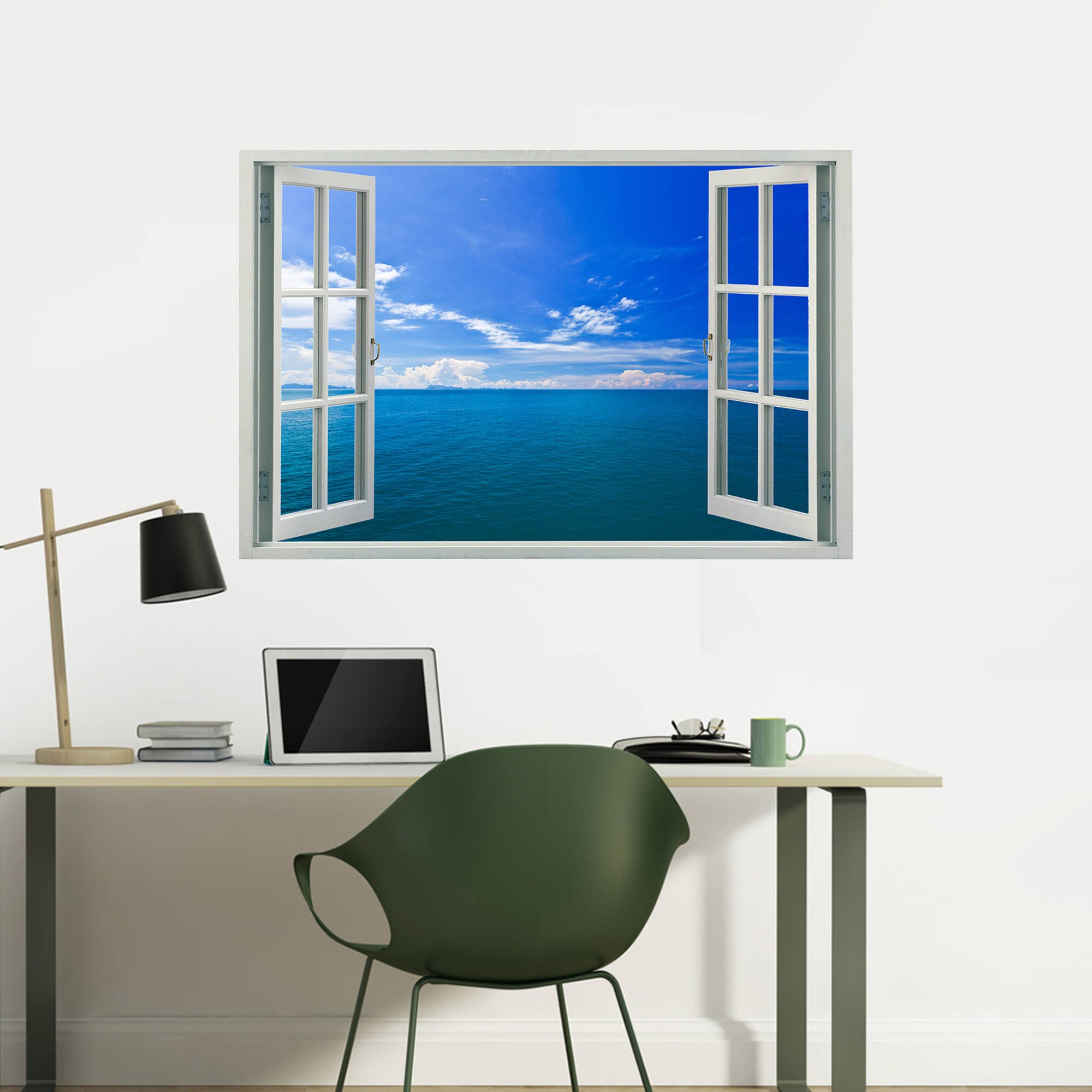 Peel & Stick Fake Window Wall Decal - Blue Seascape & Sky View (36x24 Inches) - Perfect for Home, Office & Apartment Decor - Creates Illusion of Ocean View