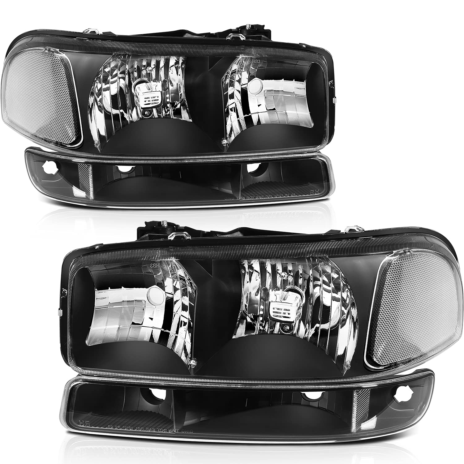 SCITOO Headlight Assembly for GMC Sierra/Yukon 1999-2006 - Black Headlights & Bumper Light for Off-Road & Night Driving