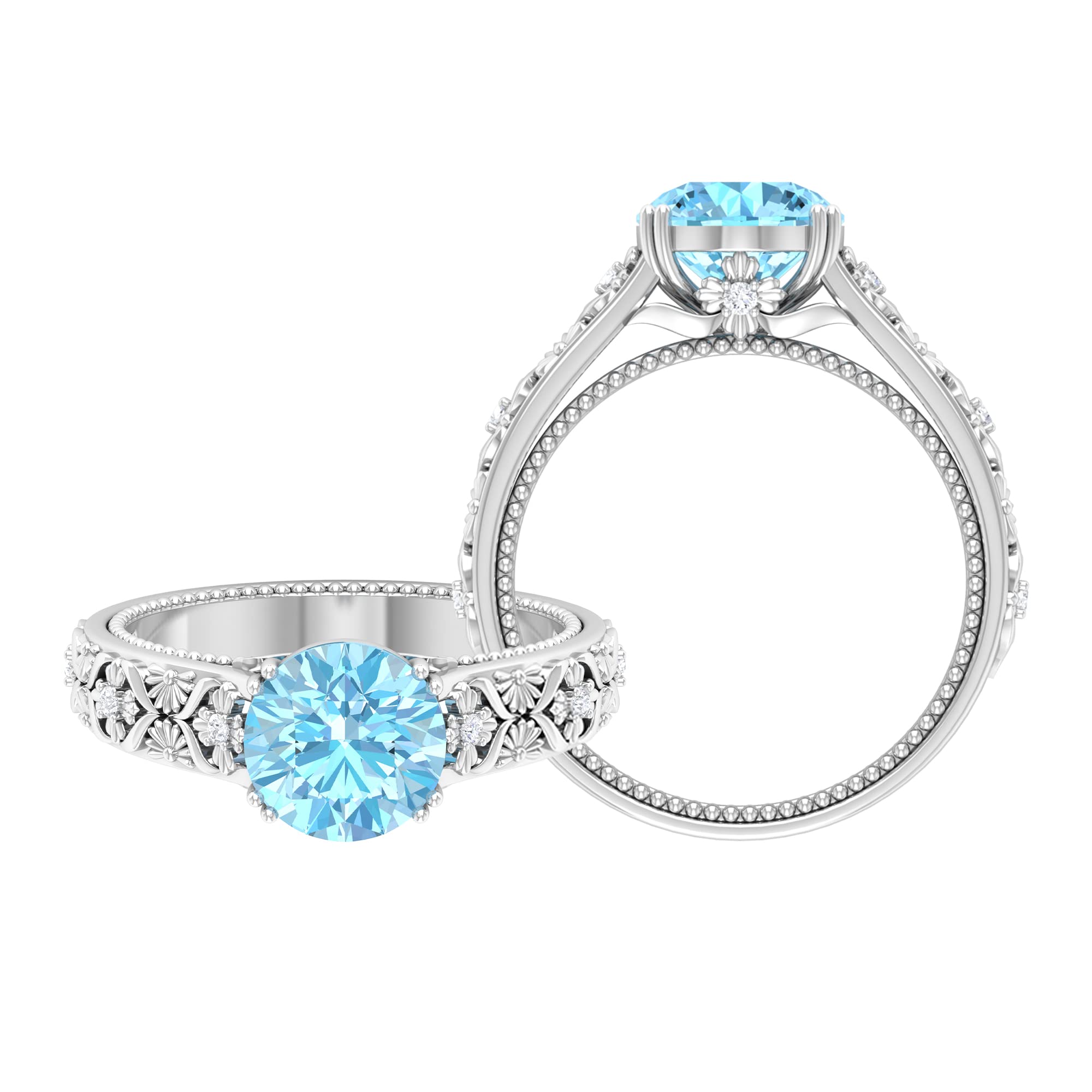 2.25 CT Vintage Aquamarine and Diamond Engagement Ring - 14K Solid Gold Floral Carved Wedding Band - Perfect for Proposals, Anniversaries & Bridal Jewelry Gifts
