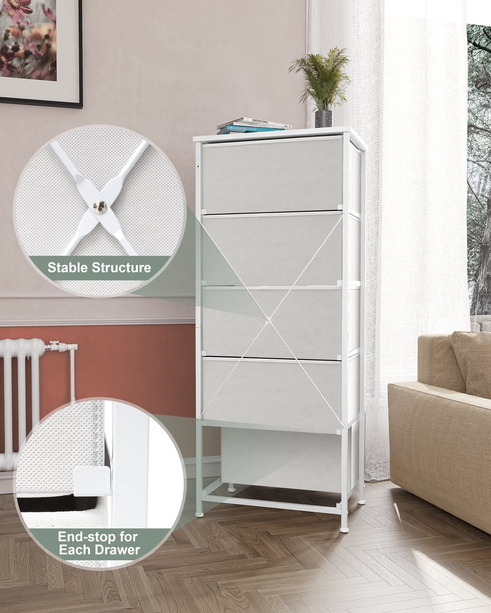Crestlive 5-Drawer Dresser Organizer - Steel Frame & Wood Top for Bedroom & Closet Storage (White)