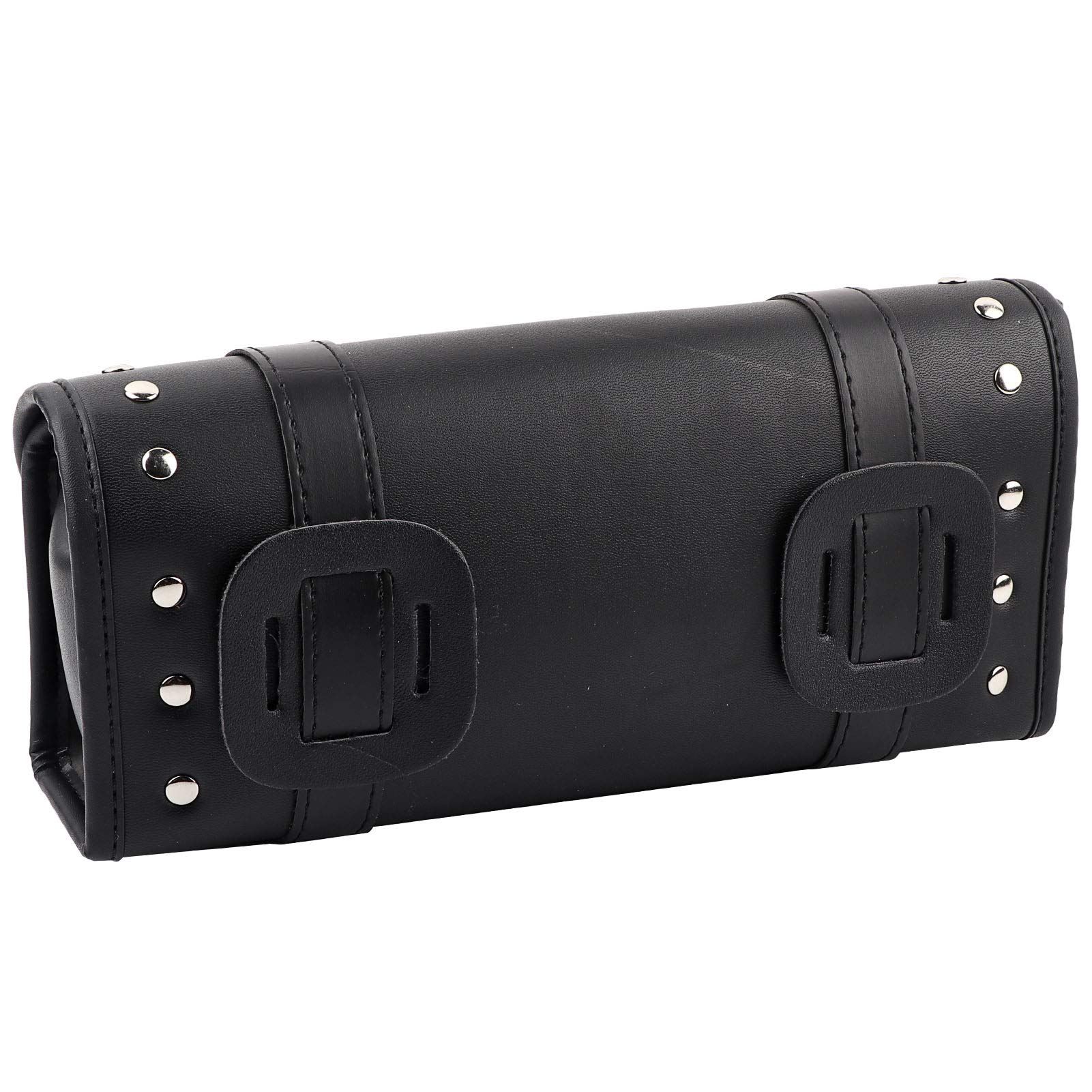 Qiilu Black PU Leather Motorcycle Saddle Bags - Waterproof Front & Rear Fork Tool Bag, Handlebar Luggage for Harley, Cruiser & Touring Bikes - Perfect for Road Trips & Daily Commutes