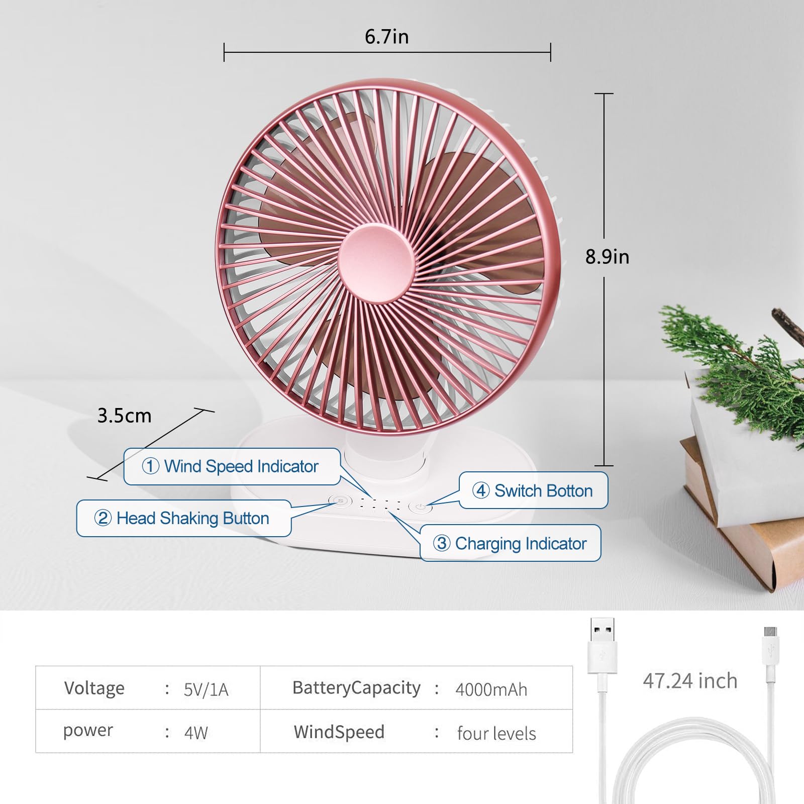 CONBOLA Small Desk Fan for Bedroom & Office - 4000mAh Rechargeable Battery Operated Fan with 90° Vertical & 120° Oscillation - 4 Speed Quiet Air Circulator for Home, Dorm, Office & Travel - Pink Portable Table Fan for Cooling & Airflow