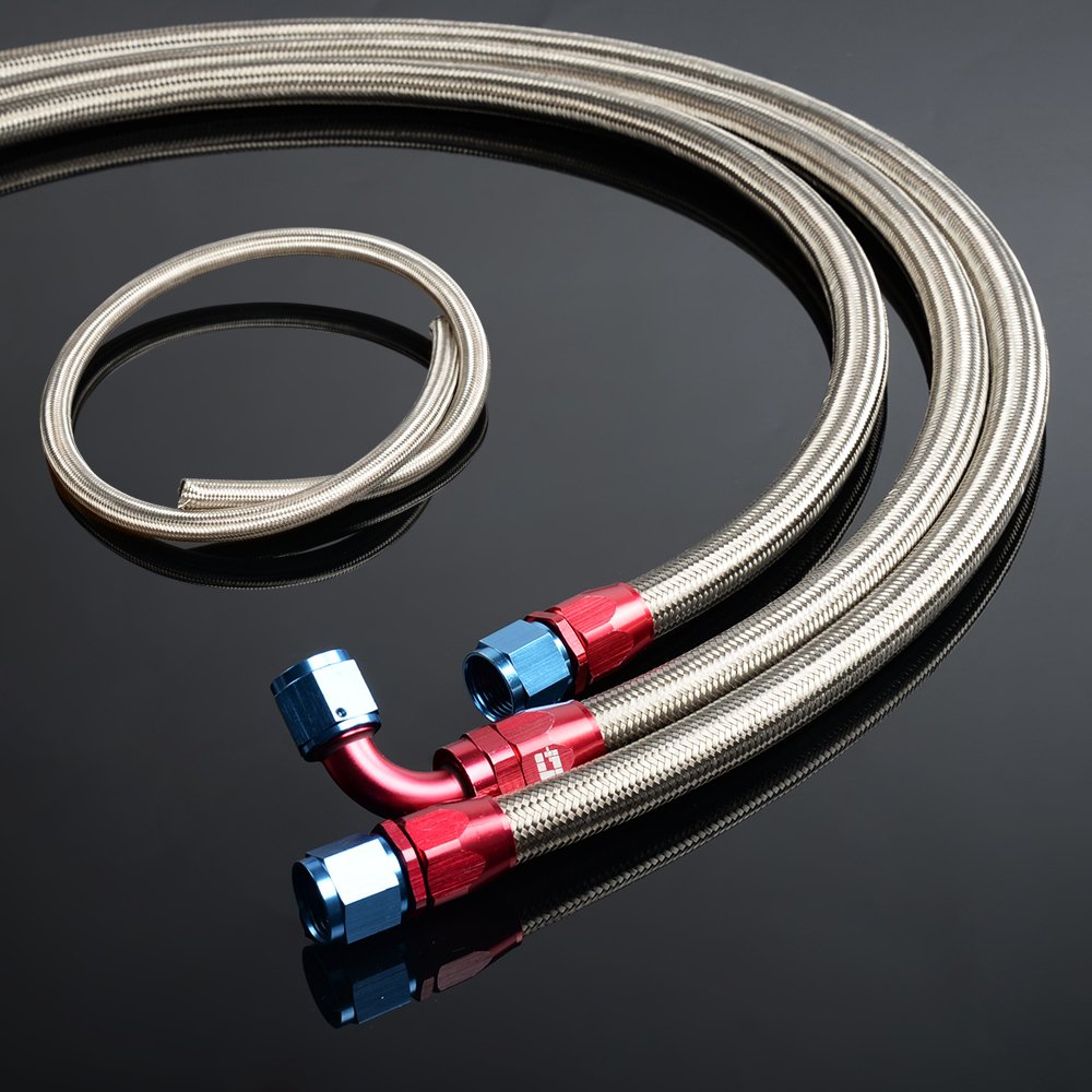 PIT66 AN10 16.4Ft Stainless Steel & Nylon Braided Fuel Line Hose Kit with Fitting Adapters (21mm OD, 14mm ID) - High Performance for Automotive, Marine & Industrial Fuel Systems