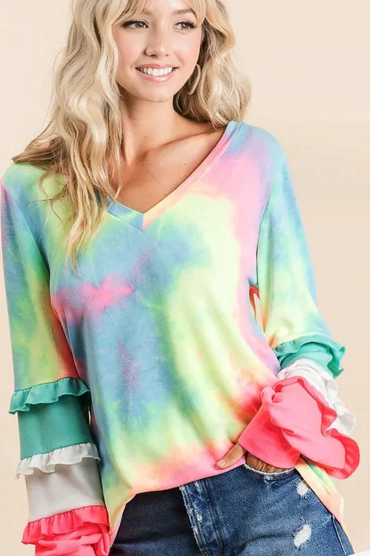 BiBi Tie Dye V-Neck T-Shirt | Color Block Sleeve Women's Top | Casual Summer Blouse for Beach, Music Festivals & Boho Outfits