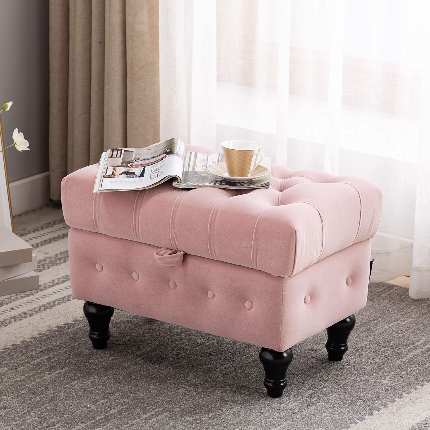 Artechworks Pink Velvet Storage Ottoman Coffee Table - Button Tufted Upholstered Footstool with Hidden Storage Compartment for Living Room, Bedroom & Home Office - Multi-Functional Toy Box Stool for Small Space Saving Solutions - Perfect for Relaxing, Extra Seating & Organized Storage