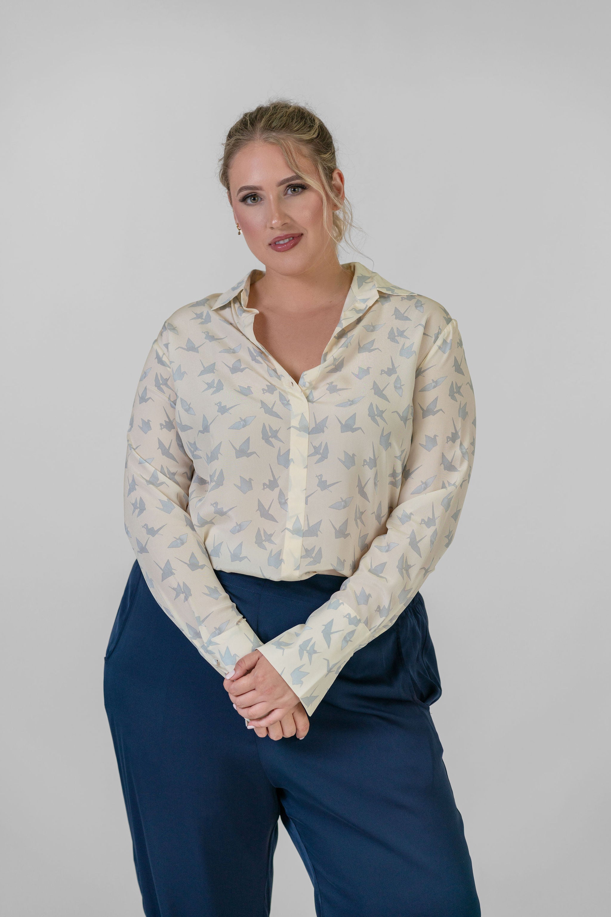 DARIA French Cuff Silk Blouse - Elegant Neutral Crane Print Women's Top for Office, Party & Formal Occasions